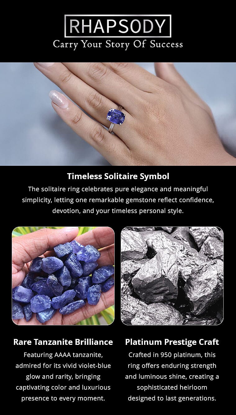 Rhapsody 950 Platinum AAAA Tanzanite and E-F VS2 Diamond Solitaire Ring 5.25 Grams 5.30 ctw Banner