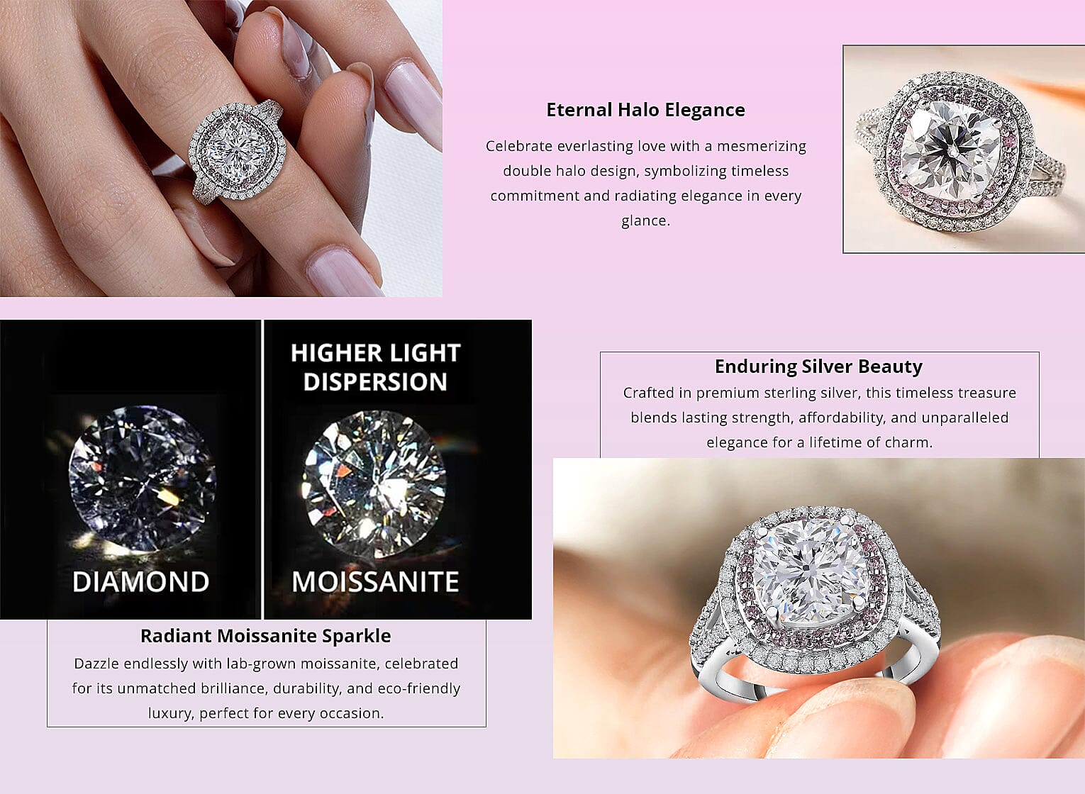 Moissanite and Madagascar Pink Sapphire Double Halo Ring in Platinum Over Sterling Silver Banner