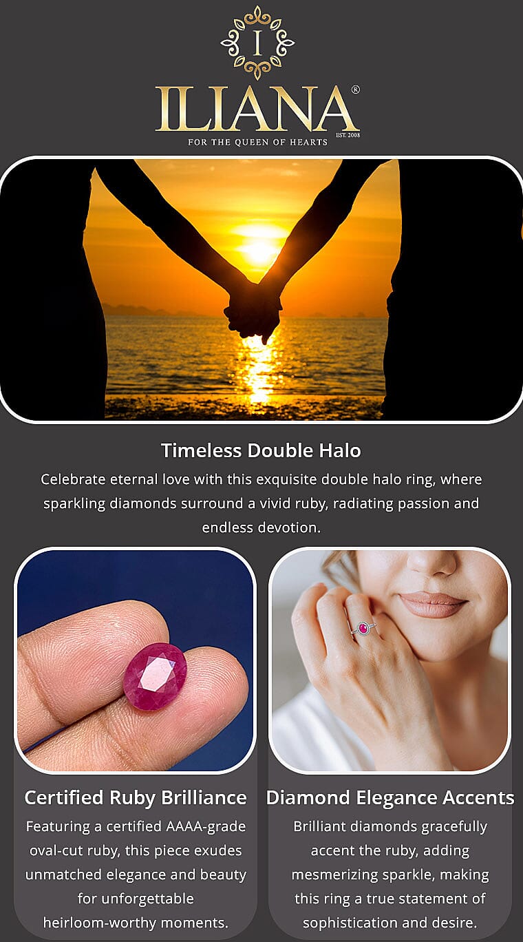 Certified & Appraised Iliana 18K White Gold AAAA Montepuez Ruby and G-H SI Diamond Double Halo Ring 4.52 Grams 1.85 ctw Banner