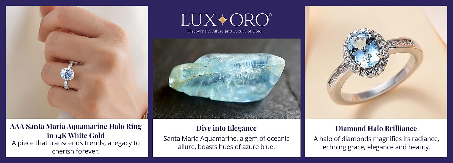 Luxoro AAA Santa Maria Aquamarine Halo Ring in 14K White Gold Banner