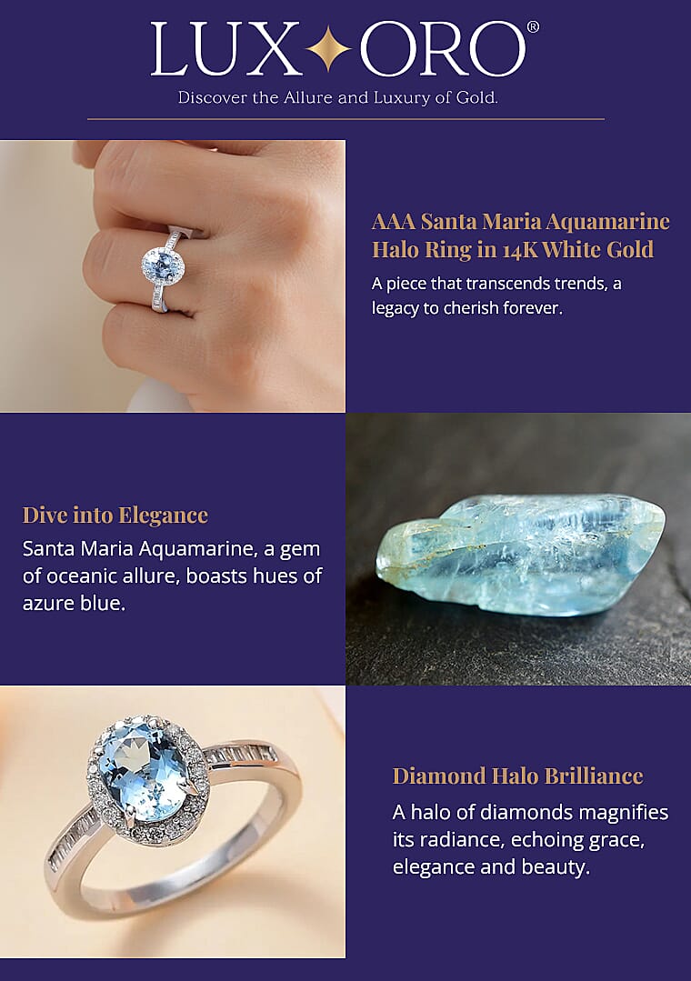 Luxoro AAA Santa Maria Aquamarine Halo Ring in 14K White Gold Banner