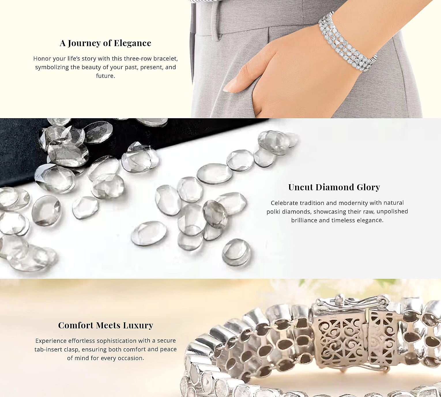 Polki Diamond 7.00 ctw 3 Row Bracelet in Platinum Over Sterling Silver Banner