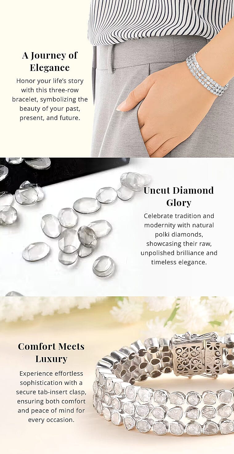 Polki Diamond 7.00 ctw 3 Row Bracelet in Platinum Over Sterling Silver Banner