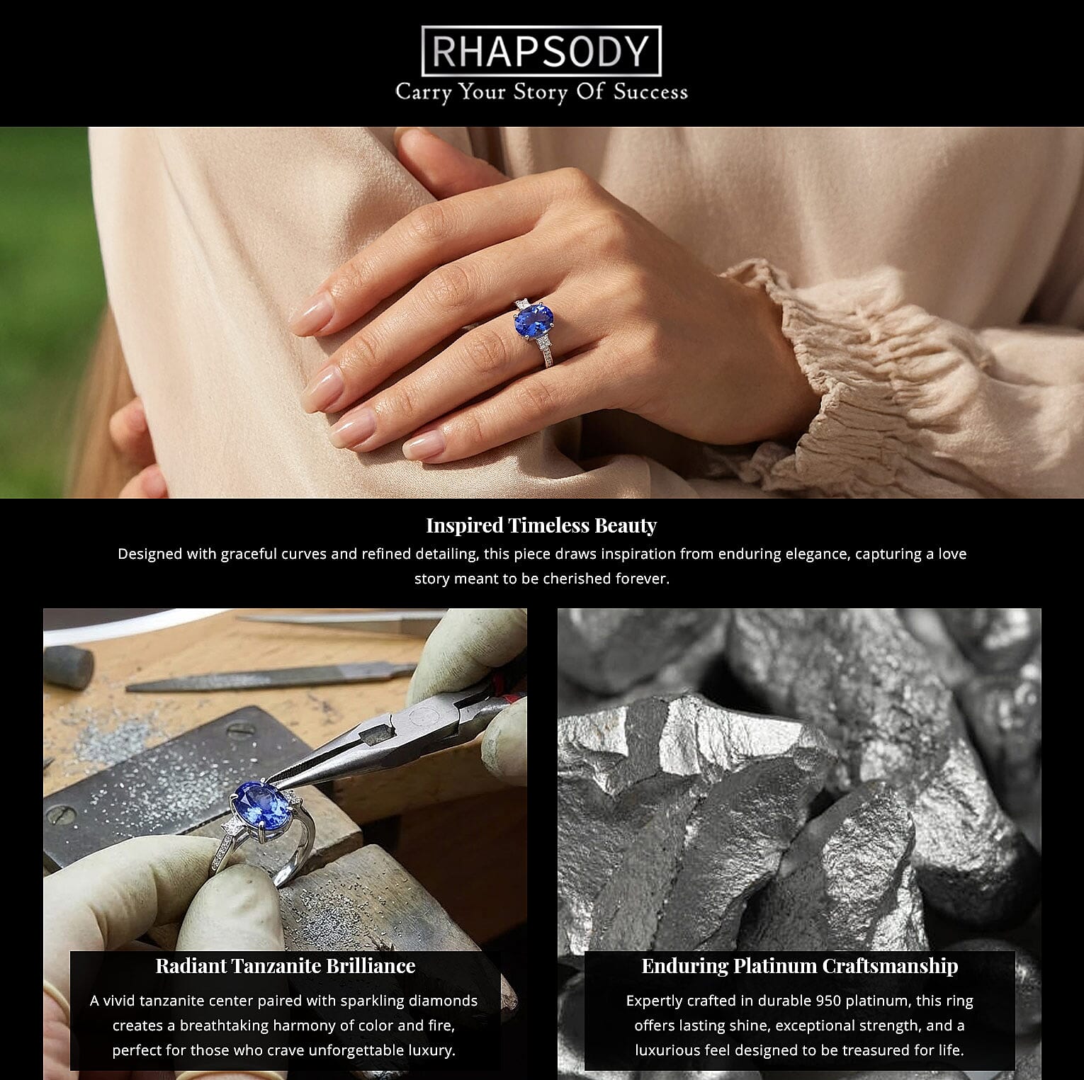 Certified & Appraised Rhapsody AAAA Tanzanite and E-F VS Diamond 2.85 ctw Ring in 950 Platinum 4.35 Grams Banner