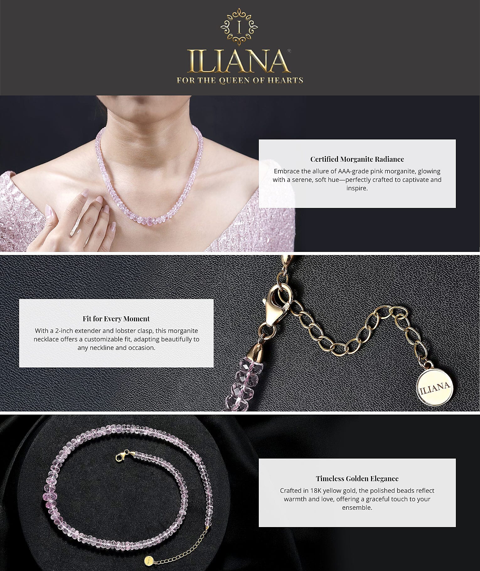 Certified & Appraised Iliana 18K Yellow Gold AAA Pink Morganite Beaded Necklace Banner