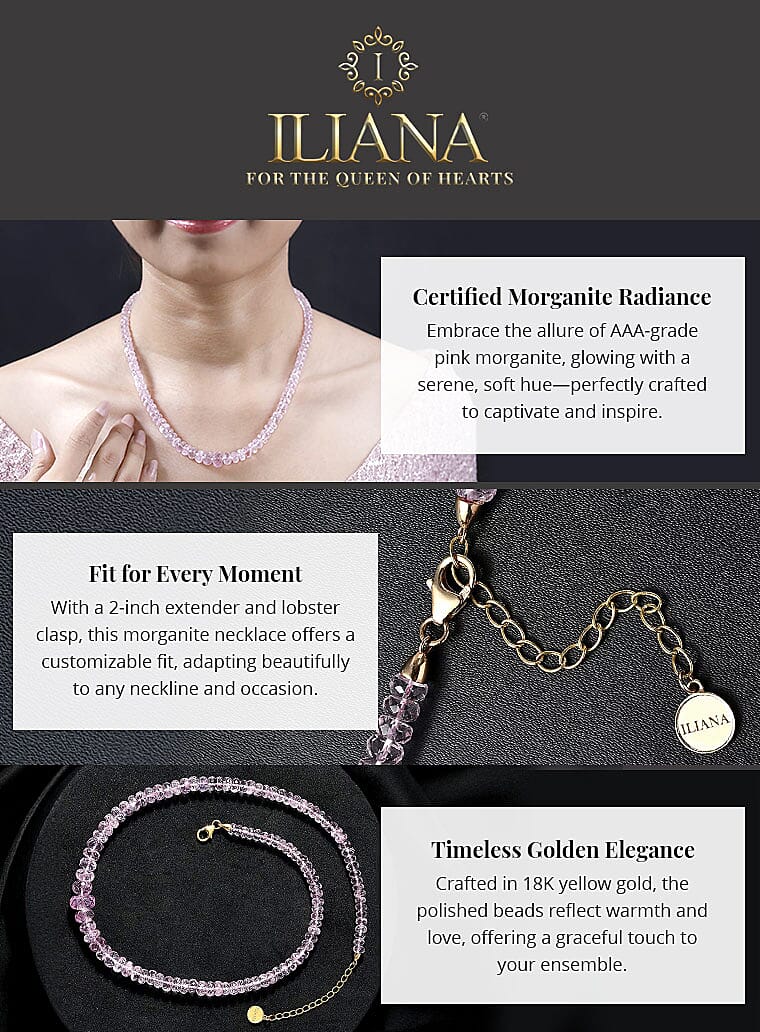 Certified & Appraised Iliana 18K Yellow Gold AAA Pink Morganite Beaded Necklace Banner