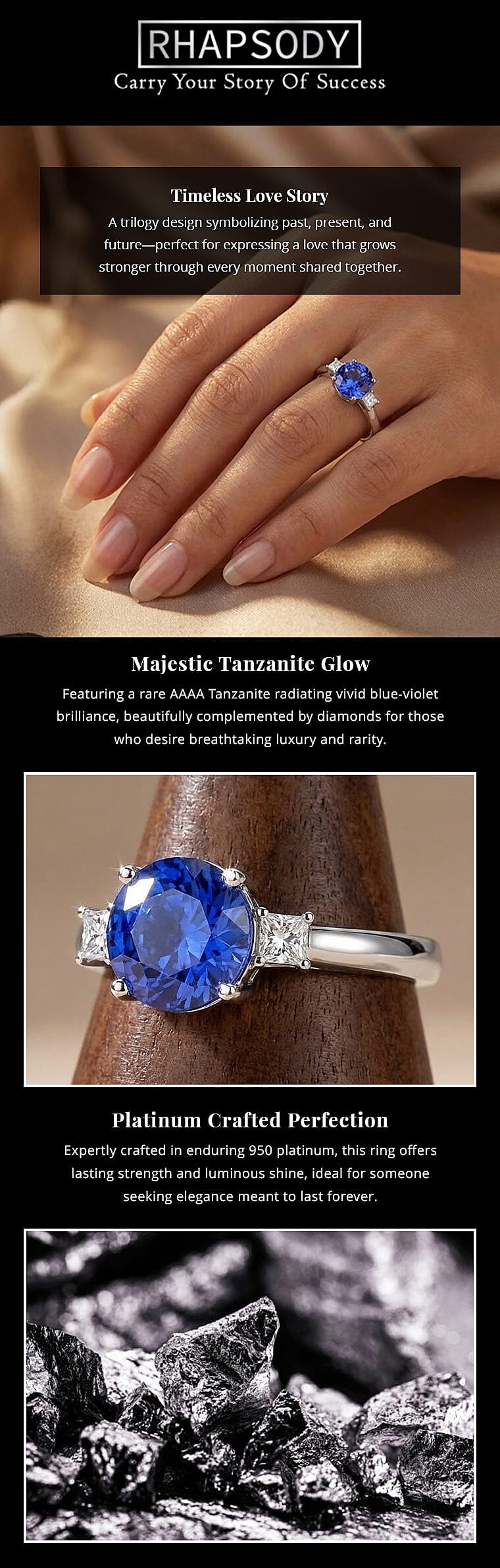 Certified & Appraised Rhapsody AAAA Tanzanite and E-F VS Diamond 2.00 ctw Ring in 950 Platinum 4.70 Grams Banner