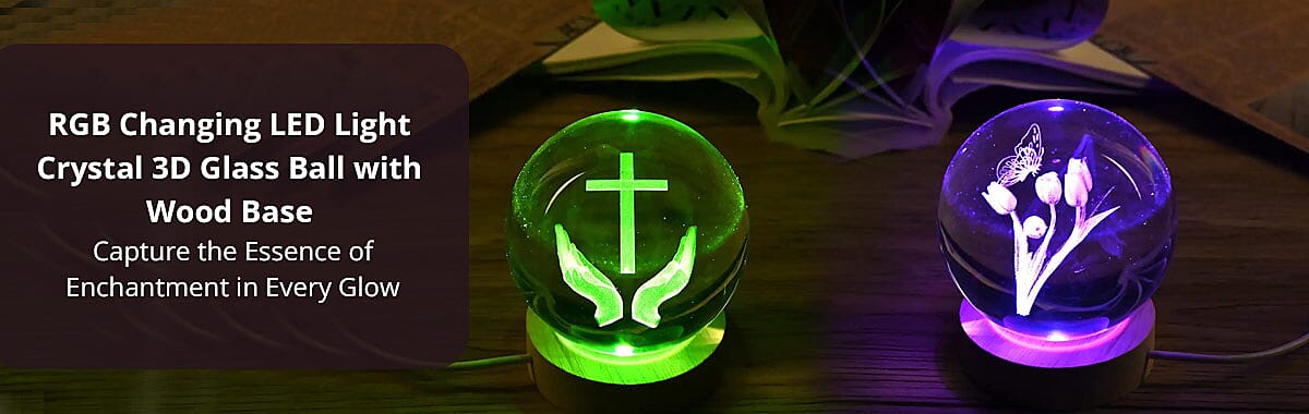 RGB Changing LED Light Crystal 3D Glass Ball with Wood Base Banner