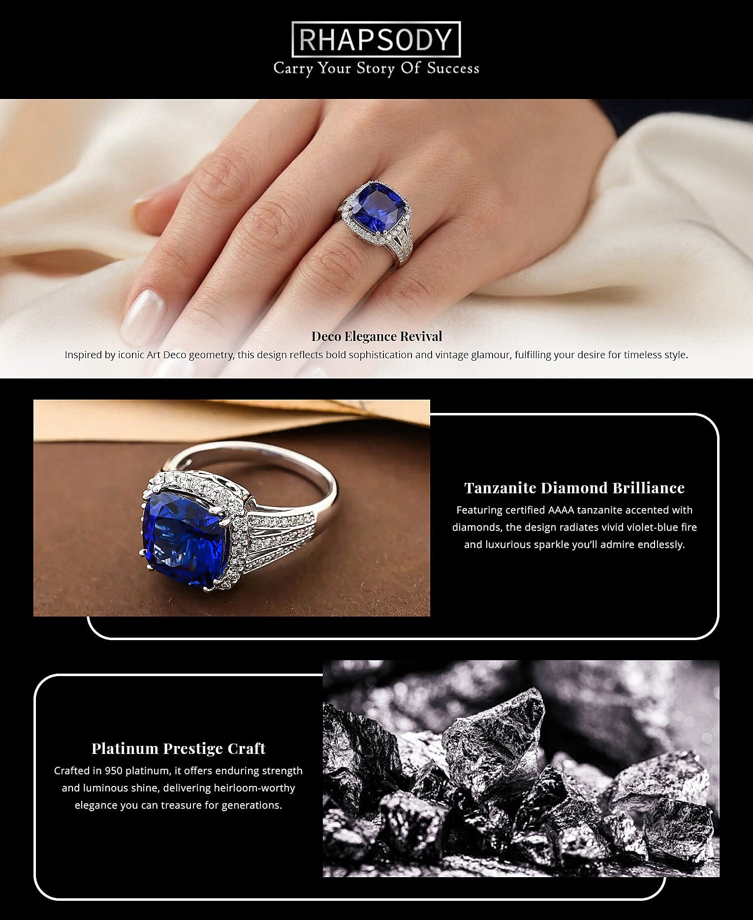 One Of A Kind Certified & Appraised Rhapsody AAAA Tanzanite and E-F VS Diamond 5.65 ctw Ring in 950 Platinum 8.75 Grams Banner
