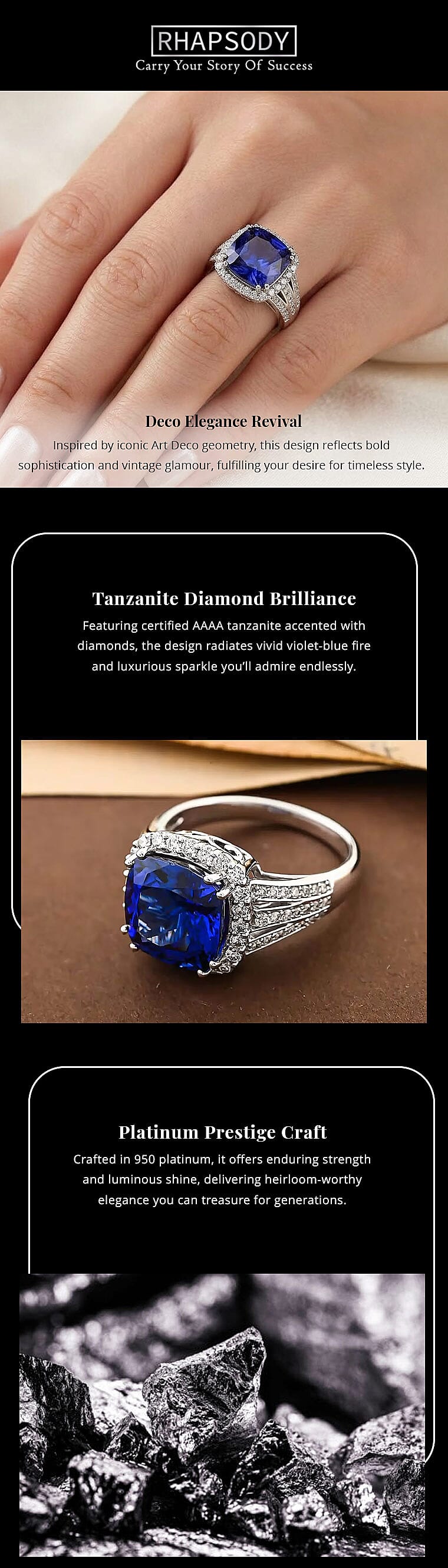 One Of A Kind Certified & Appraised Rhapsody AAAA Tanzanite and E-F VS Diamond 5.65 ctw Ring in 950 Platinum 8.75 Grams Banner