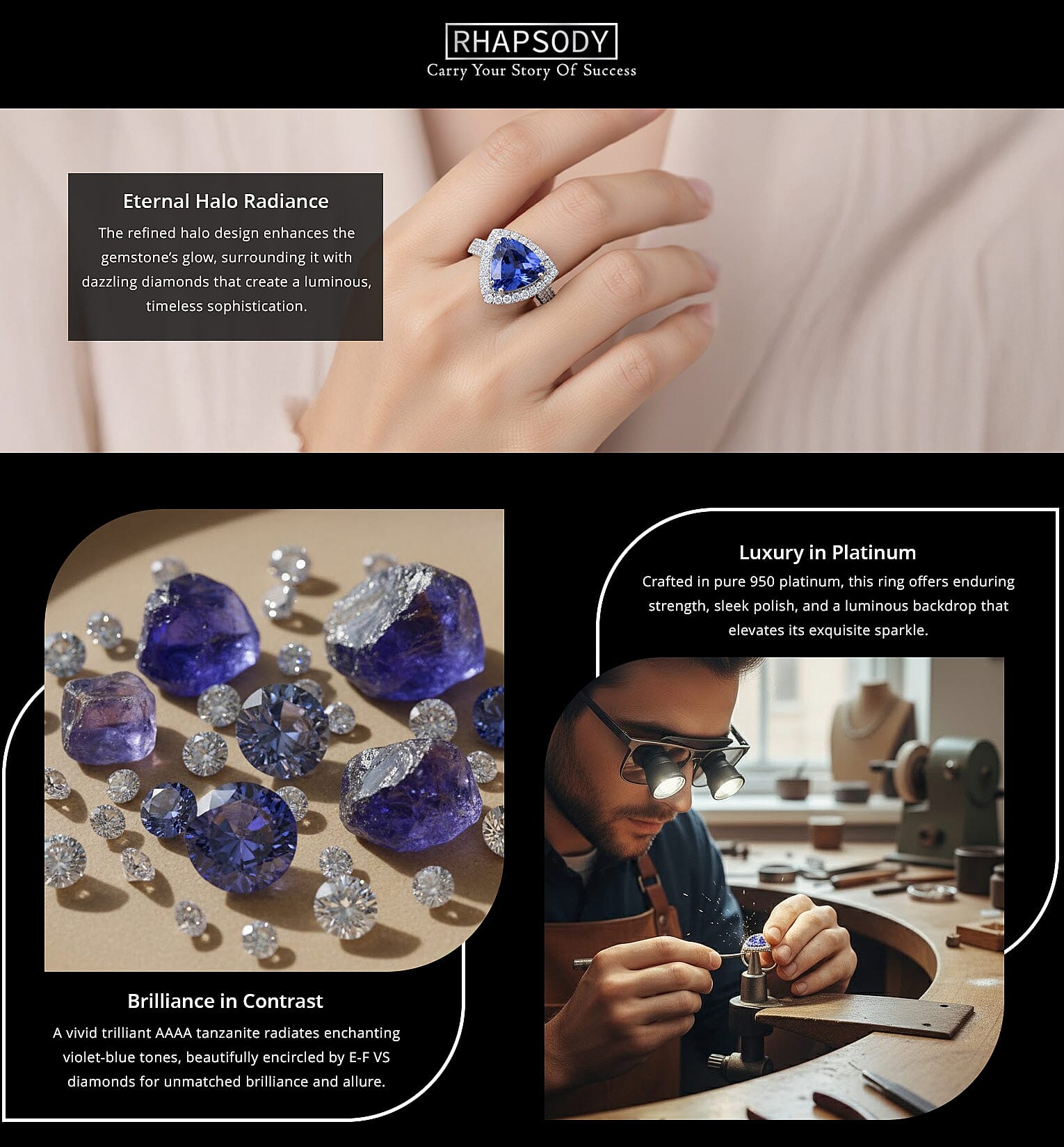 Certified & Appraised Rhapsody AAAA Tanzanite and E-F VS Diamond 4.10 ctw Ring in 950 Platinum 7.45 Grams Banner