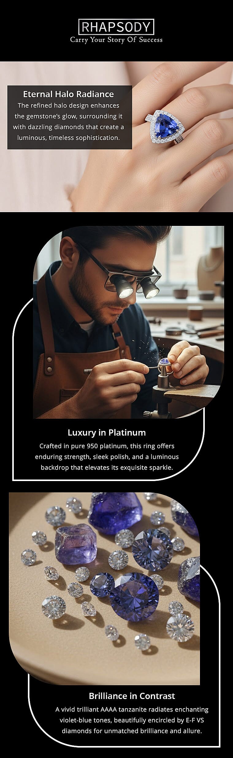 Certified & Appraised Rhapsody AAAA Tanzanite and E-F VS Diamond 4.10 ctw Ring in 950 Platinum 7.45 Grams Banner