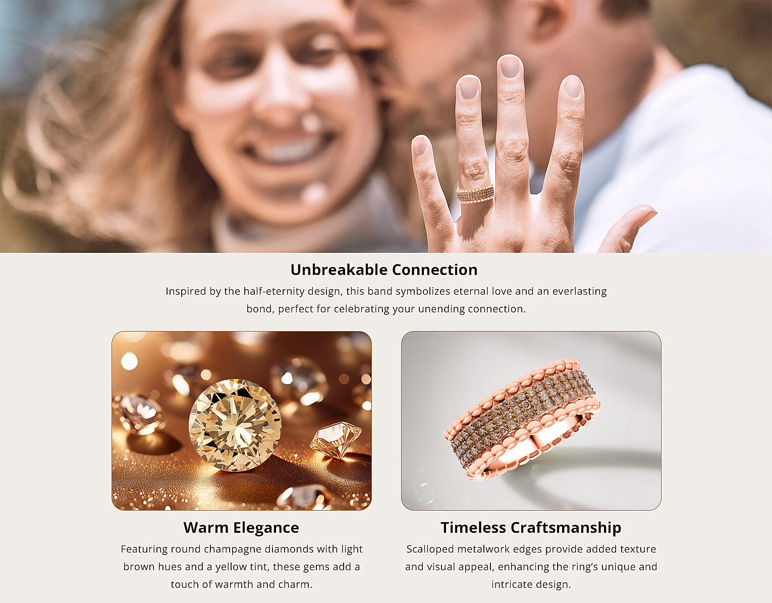 Natural Champagne Diamond 3 Row Band Ring in Vermeil Rose Gold Over Sterling Silver Banner