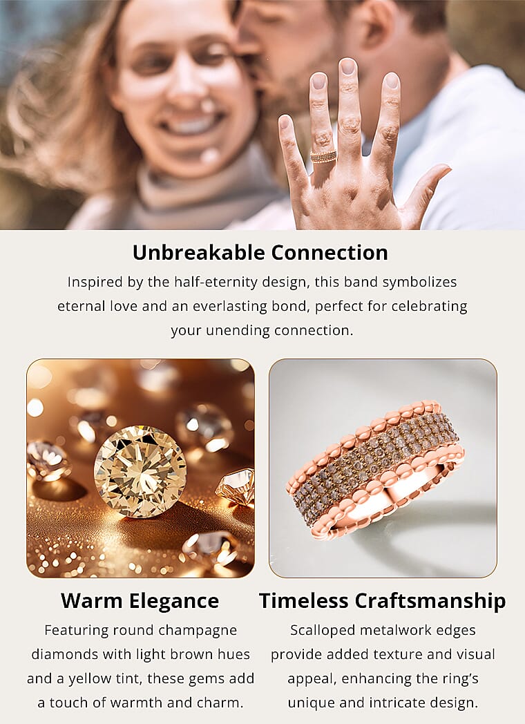 Natural Champagne Diamond 3 Row Band Ring in Vermeil Rose Gold Over Sterling Silver Banner
