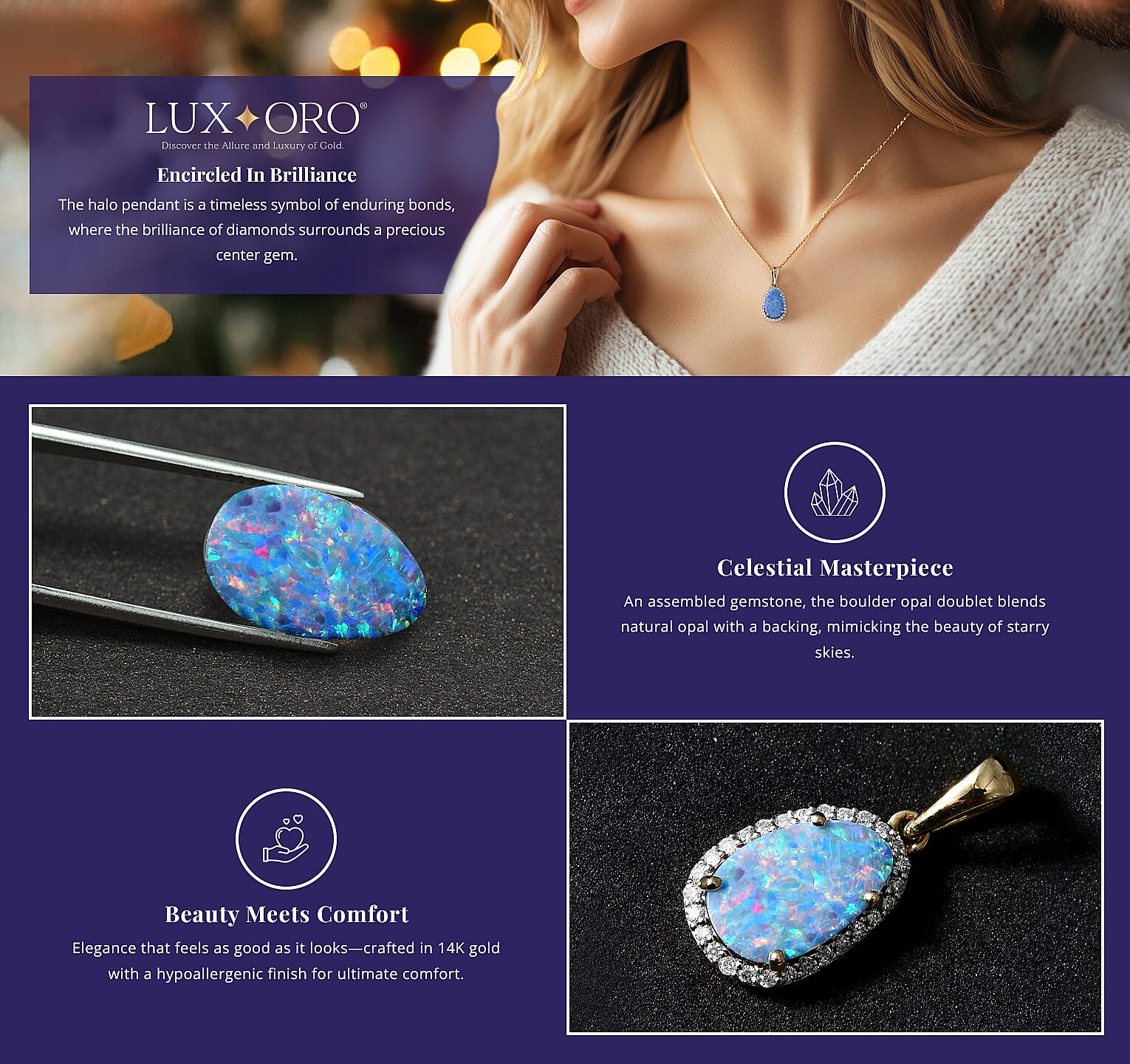 Luxoro Premium Boulder Opal Doublet and Diamond Pendant in 14K Yellow Gold Banner