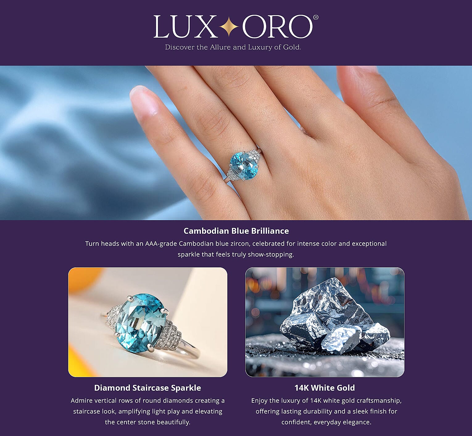 Luxoro AAA Cambodian Blue Zircon and G-H I2 Diamond 5.60 ctw Ring in 14K White Gold Banner