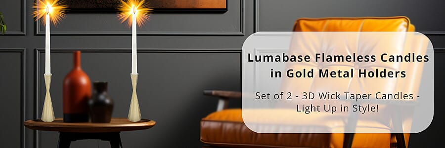 Lumabase Flameless Candles in Gold Metal Holders Banner