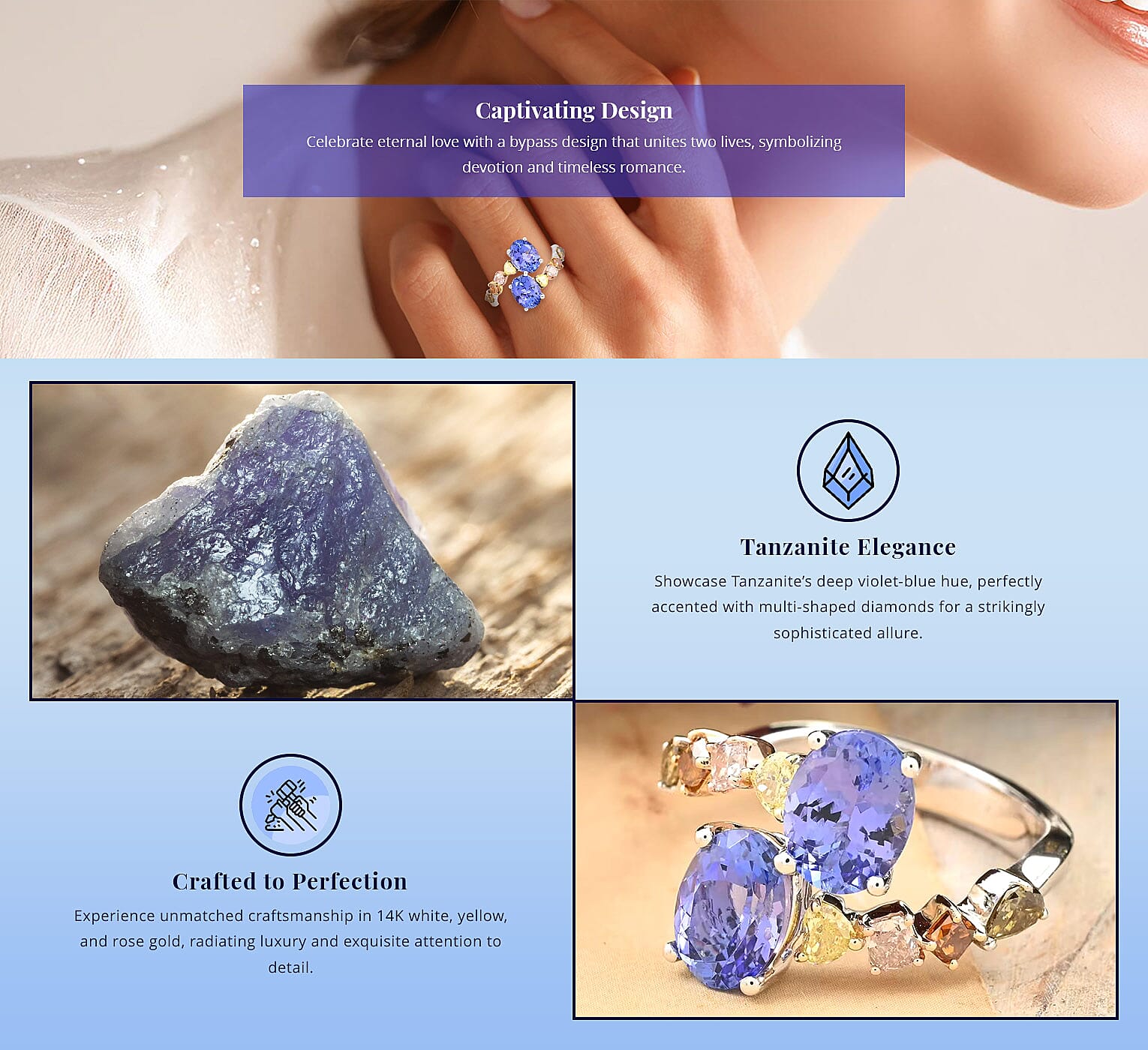Modani Tanzanite and I2-I3 Multi Diamond 2.90 ctw Ring in 14K Yellow, White and Rose Gold Banner