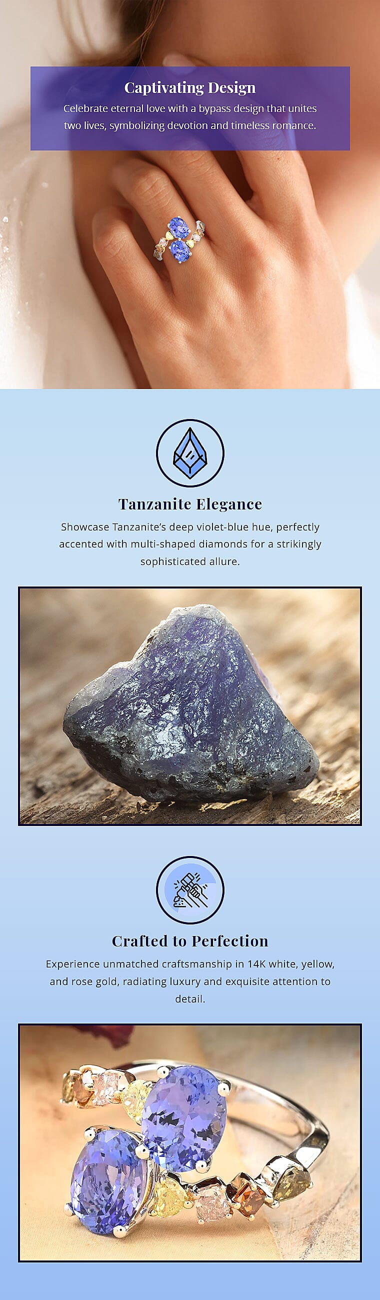 Modani Tanzanite and I2-I3 Multi Diamond 2.90 ctw Ring in 14K Yellow, White and Rose Gold Banner