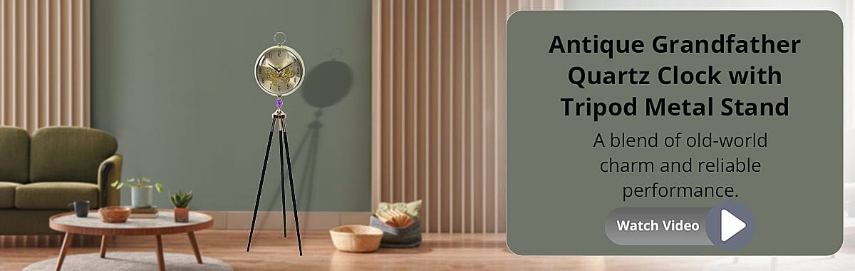 Antique Grandfather Quartz Clock with Tripod Metal Stand Banner