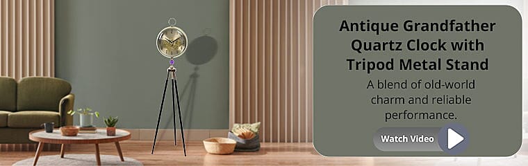 Antique Grandfather Quartz Clock with Tripod Metal Stand Banner