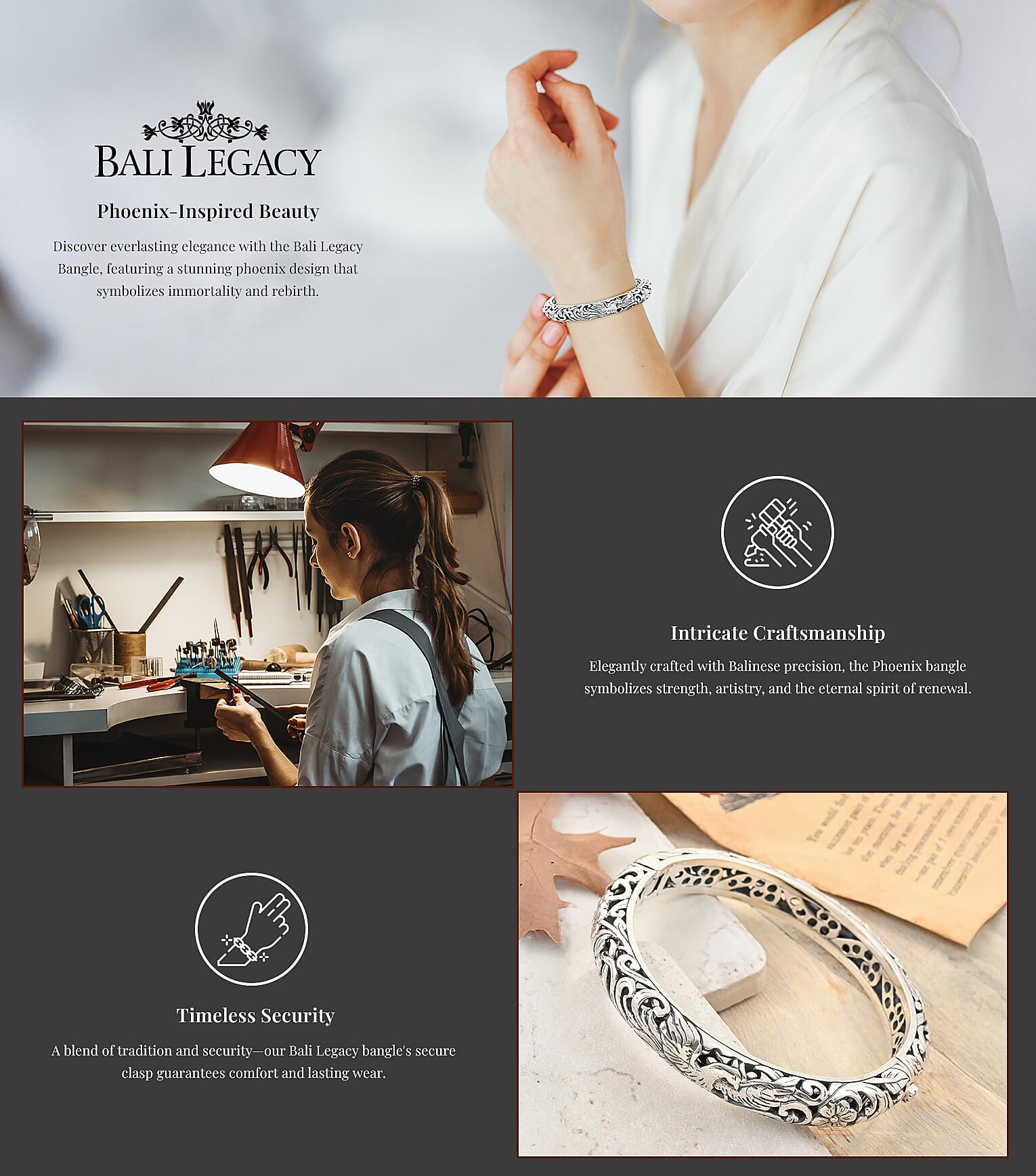 Bali Legacy Phoenix Bangle Bracelet in Sterling Silver 42.75 Grams (7.25 In) Banner