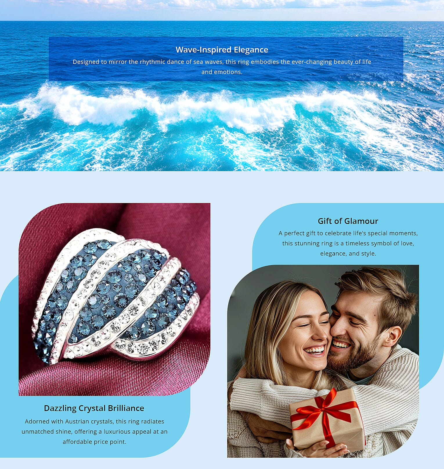 Blue and White Austrian Crystal Ring in Silvertone Banner