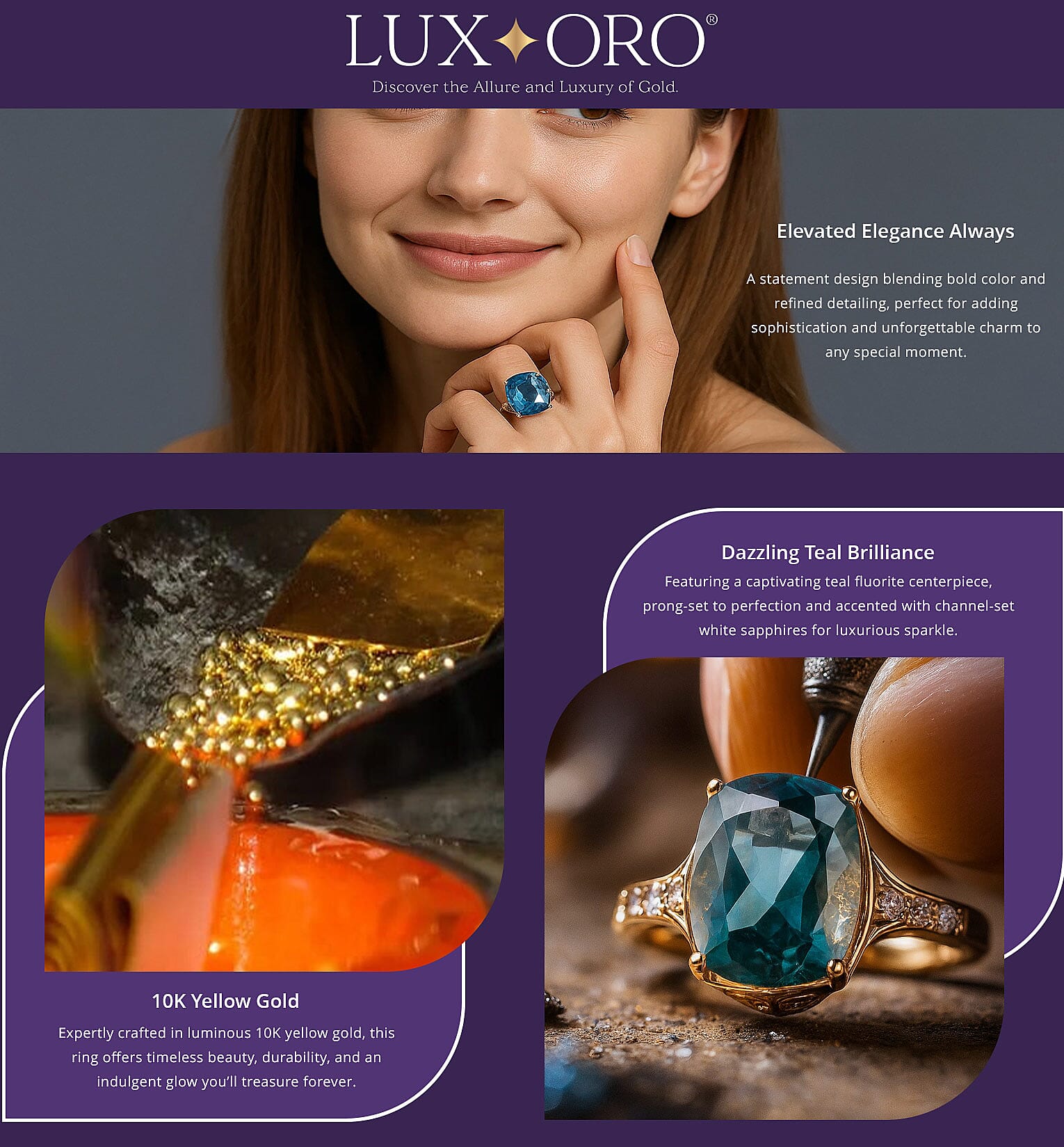 Luxoro Premium Dean Teal Fluorite (IR) and White Sapphire 12.35 ctw Ring in 10K Yellow Gold Banner