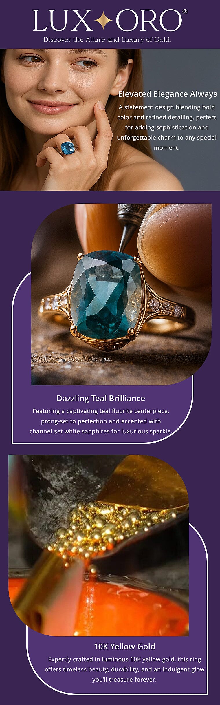 Luxoro Premium Dean Teal Fluorite (IR) and White Sapphire 12.35 ctw Ring in 10K Yellow Gold Banner