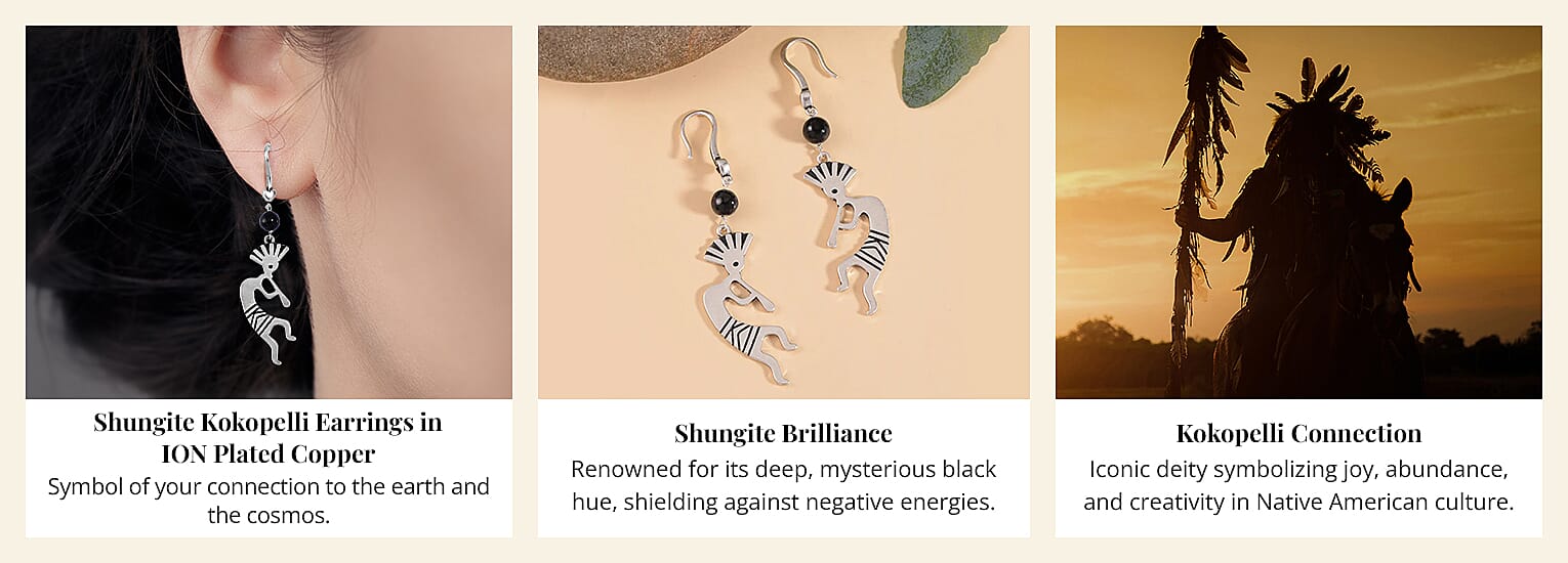 Shungite Kokopelli Earrings in ION Plated Copper Banner
