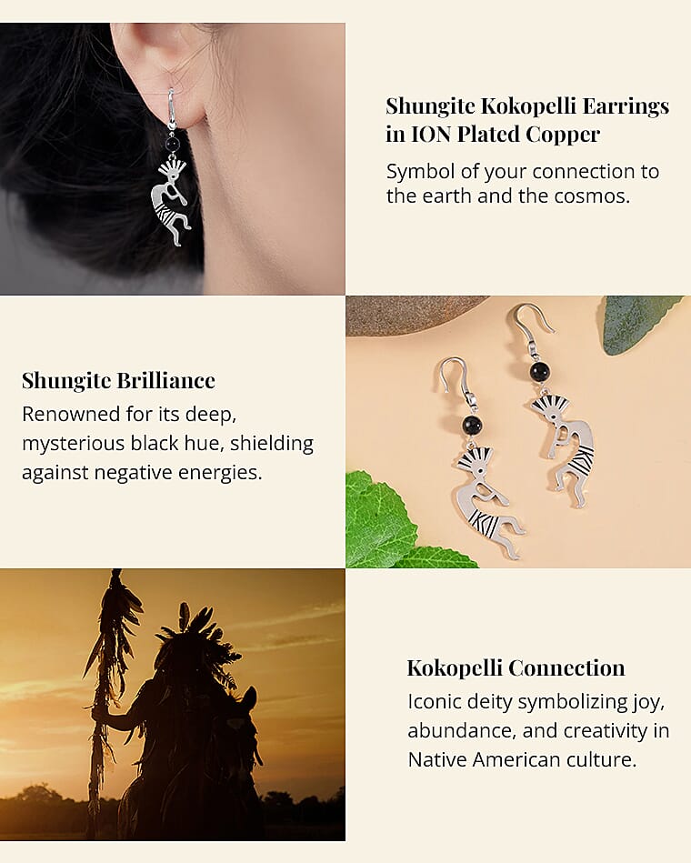 Shungite Kokopelli Earrings in ION Plated Copper Banner