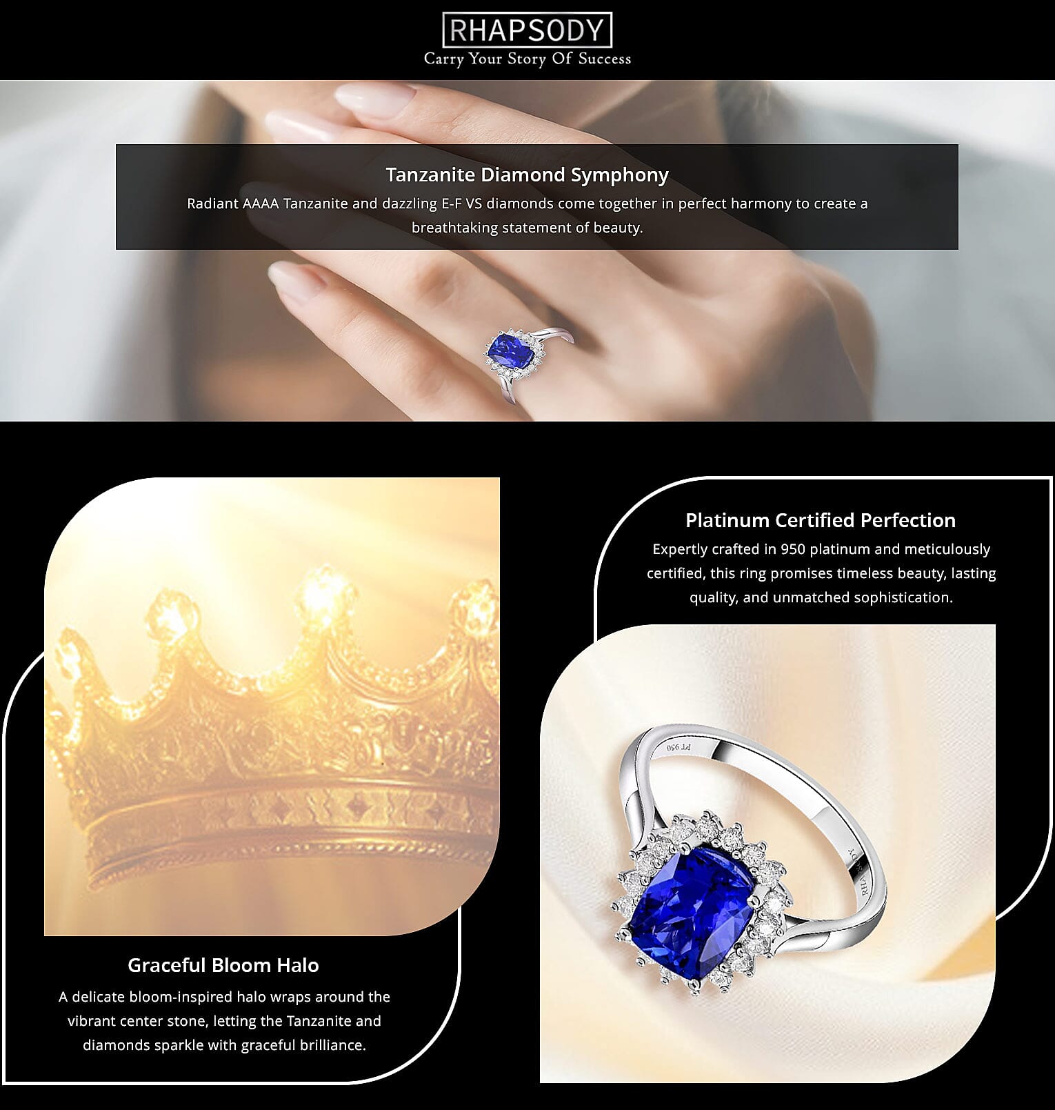 Certified and Appraised Rhapsody 950 Platinum AAAA Tanzanite and E-F VS Diamond Halo Ring 5.58 Grams Banner