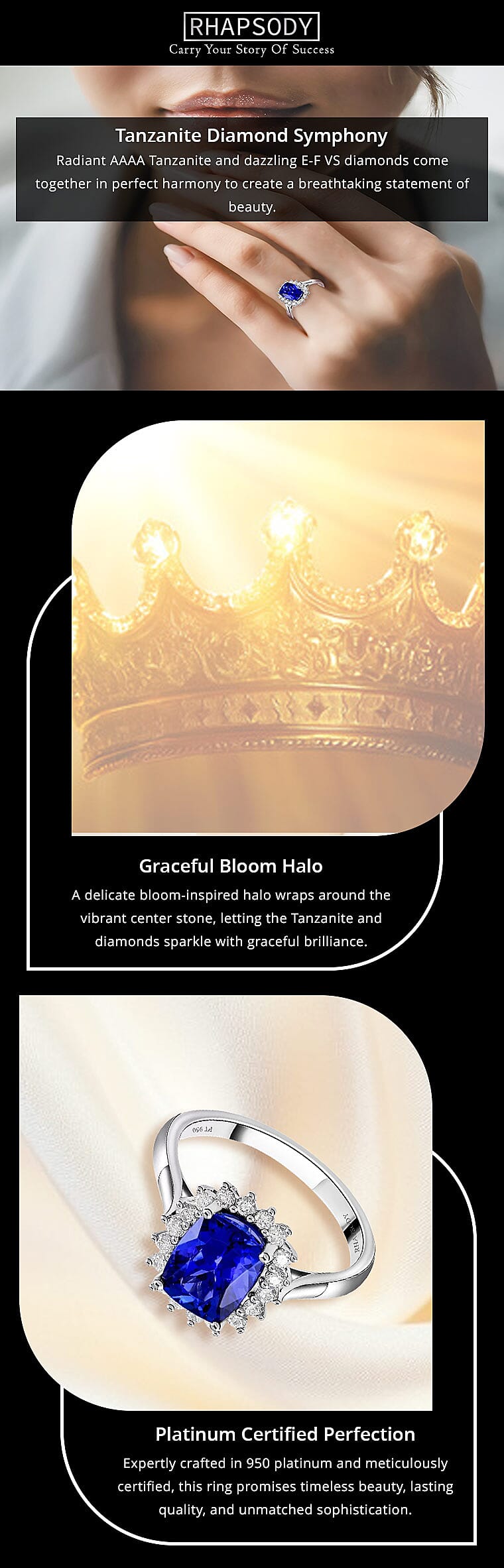 Certified and Appraised Rhapsody 950 Platinum AAAA Tanzanite and E-F VS Diamond Halo Ring 5.58 Grams Banner