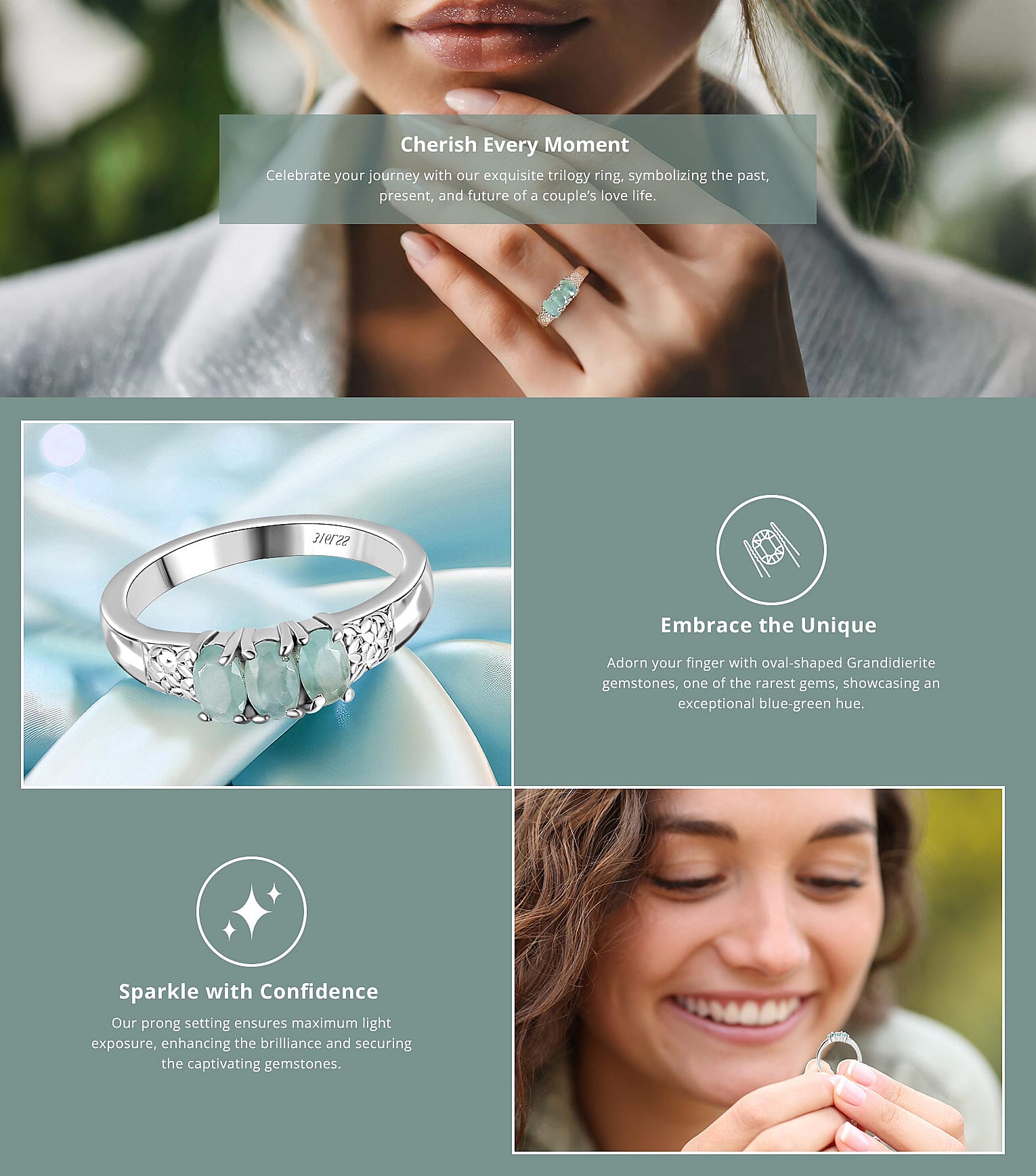 Grandidierite 3 Stone Ring in Stainless Steel Banner