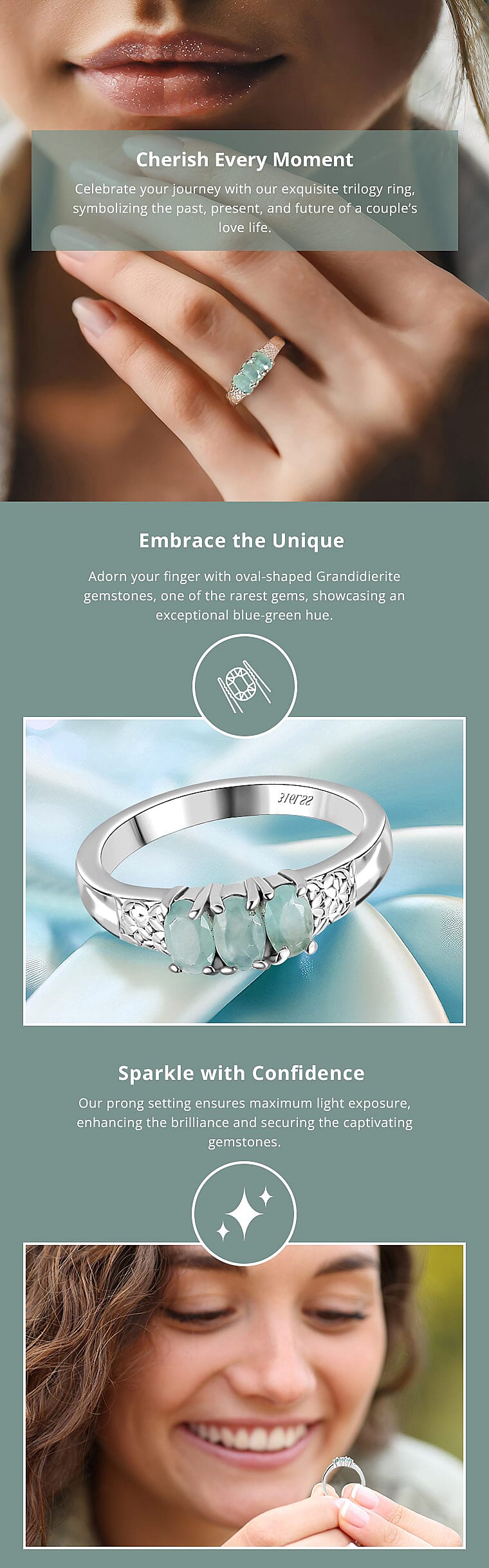 Grandidierite 3 Stone Ring in Stainless Steel Banner