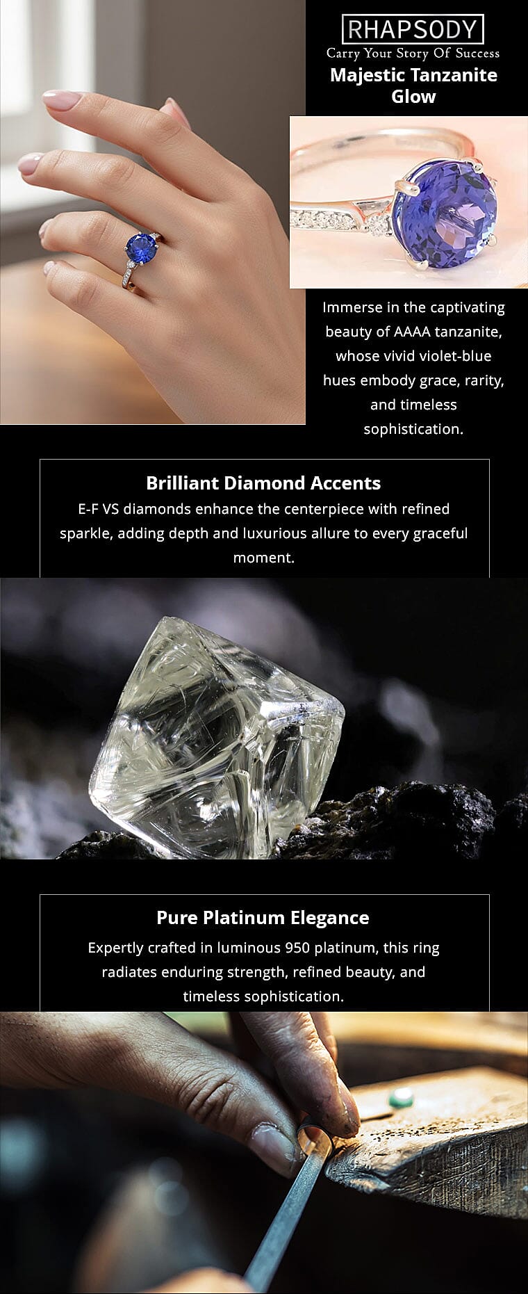 Rhapsody Certified & Appraised AAAA Tanzanite Ring, E-F VS Diamond Accent Ring, 950 Platinum Ring, Wedding Ring 4.80 Grams 3.25 ctw Banner