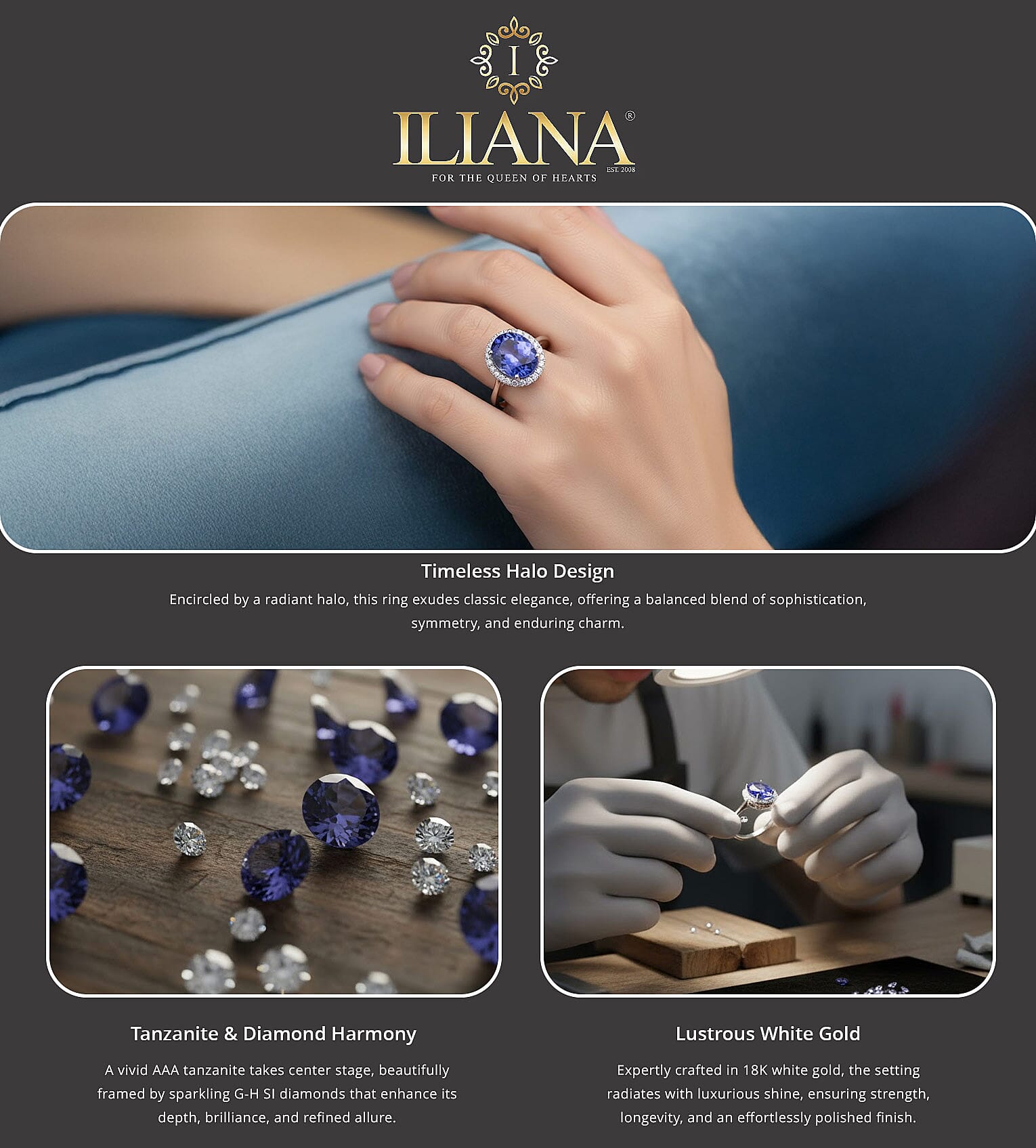Iliana Certified & Appraised AAA Tanzanite and G-H SI Diamond 3.25 ctw Ring, Tanzanite Halo Ring, 18K White Gold Ring, Wedding Ring Banner