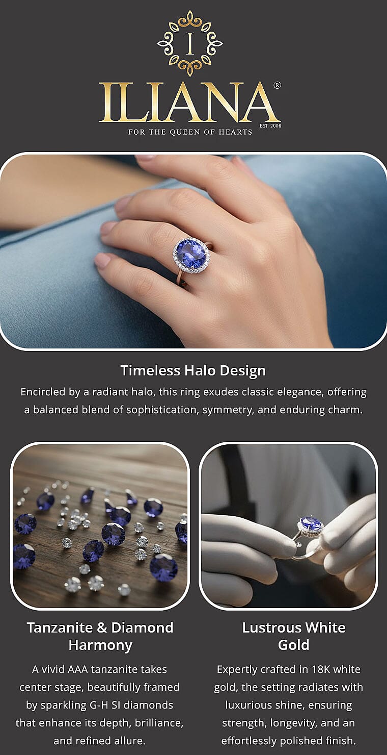 Iliana Certified & Appraised AAA Tanzanite and G-H SI Diamond 3.25 ctw Ring, Tanzanite Halo Ring, 18K White Gold Ring, Wedding Ring Banner