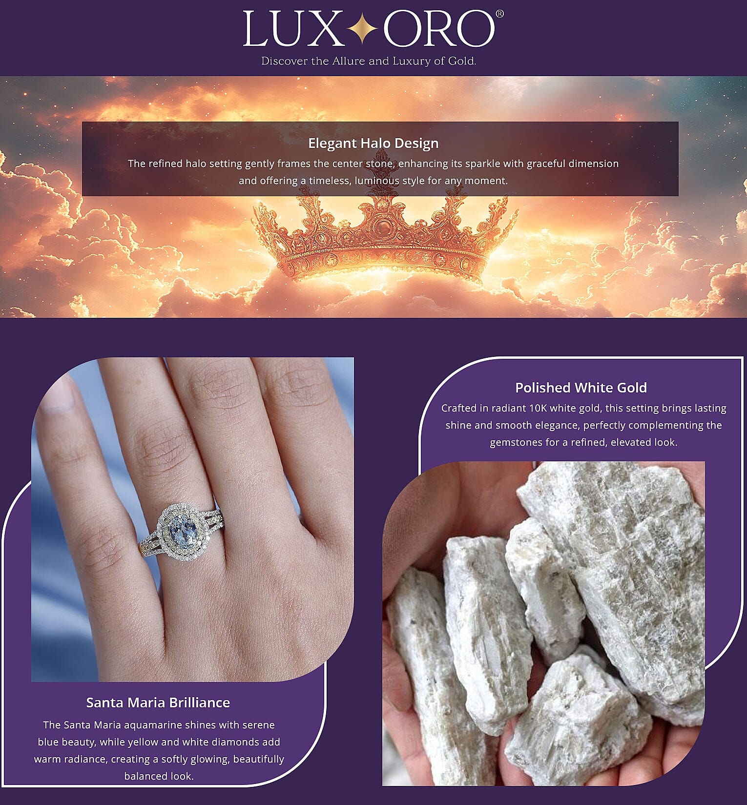 Luxoro Premium Santa Maria Aquamarine, I2-I3 Natural Yellow and White Diamond 1.65 ctw Ring in 10K White Gold 4.35 Grams Banner