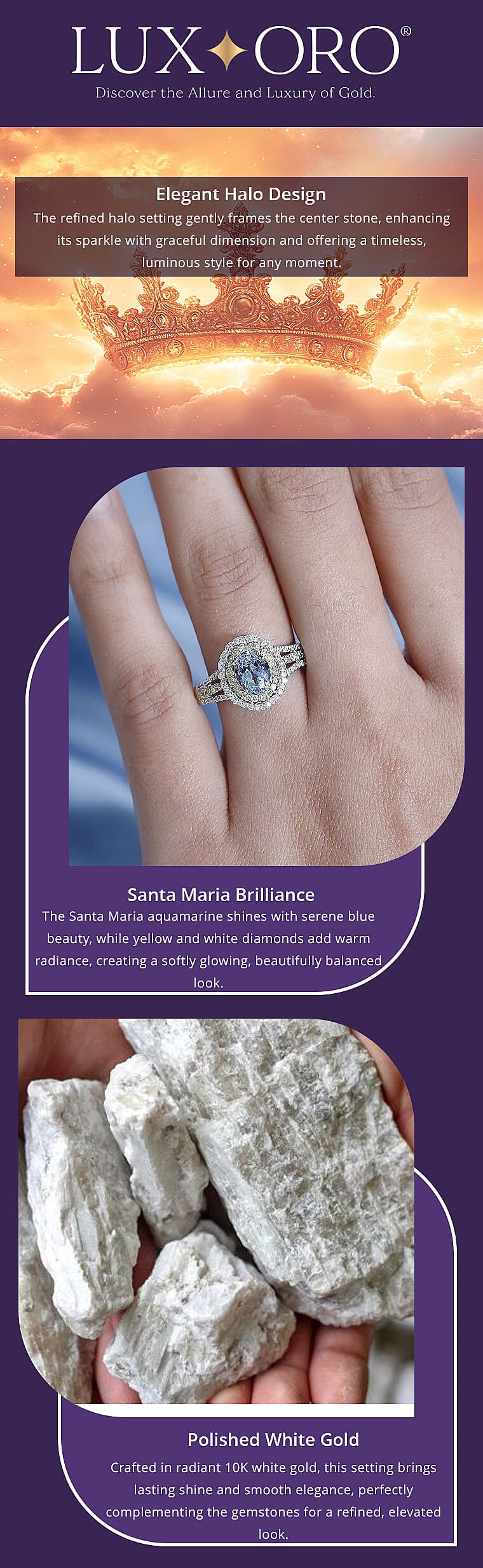 Luxoro Premium Santa Maria Aquamarine, I2-I3 Natural Yellow and White Diamond 1.65 ctw Ring in 10K White Gold 4.35 Grams Banner