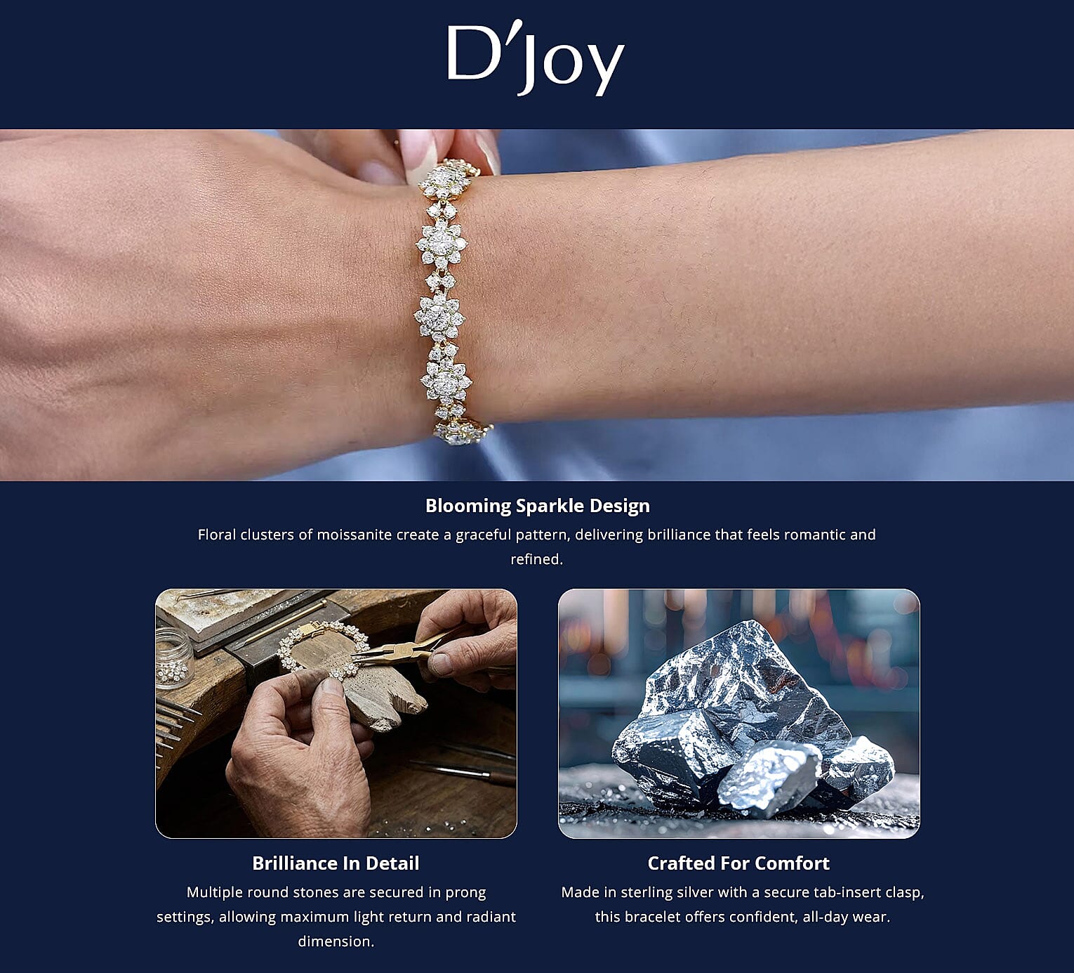 D'Joy Moissanite Floral Bracelet in 18K Vermeil Yellow Gold Over Sterling Silver, Moissanite Jewelry, Birthday Anniversary Gift For Her (8.00 In) 13.35 ctw Banner