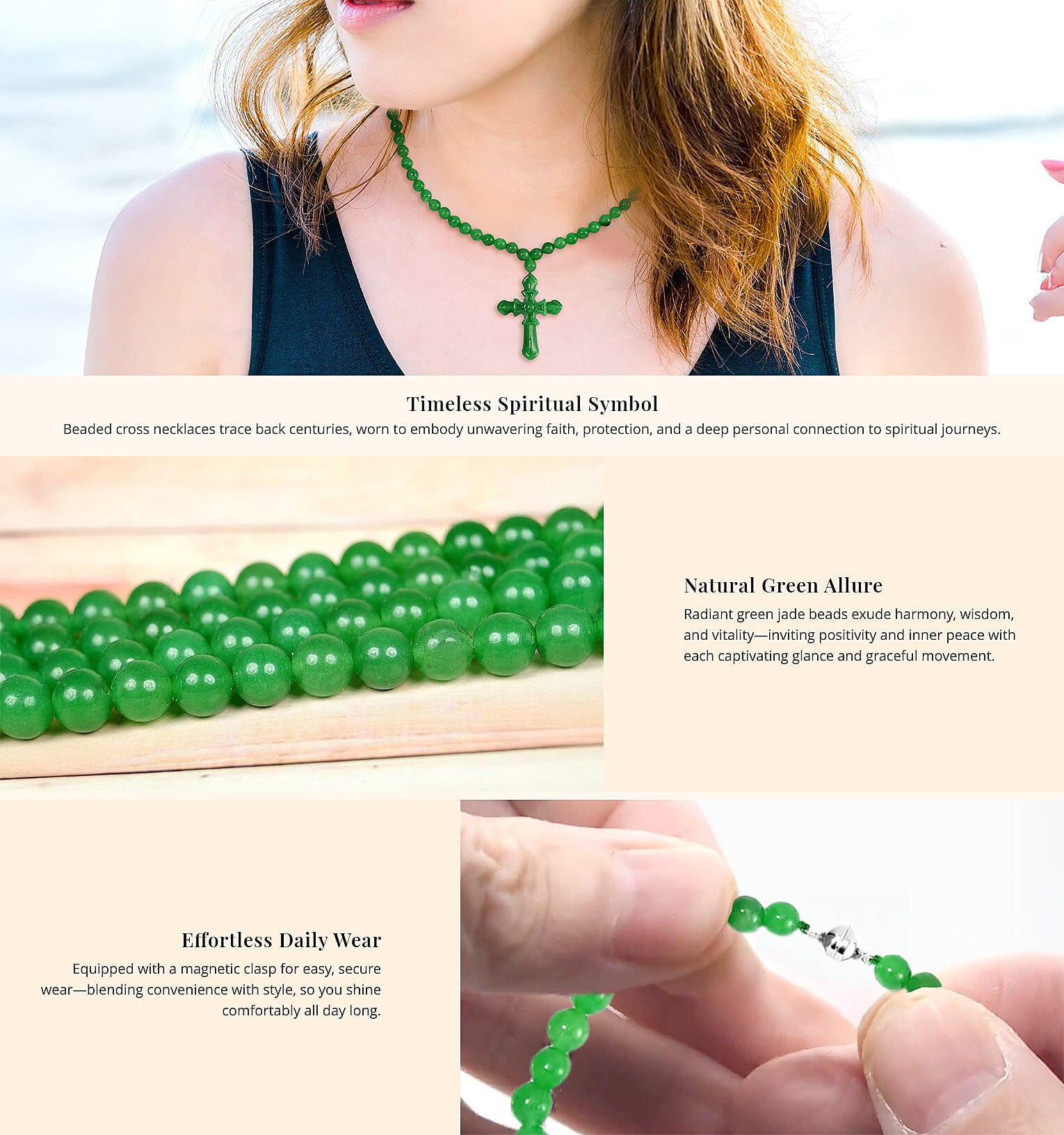 Green Jade (D) 308.00 ctw Cross Carved Pendant with Beaded Necklace Banner
