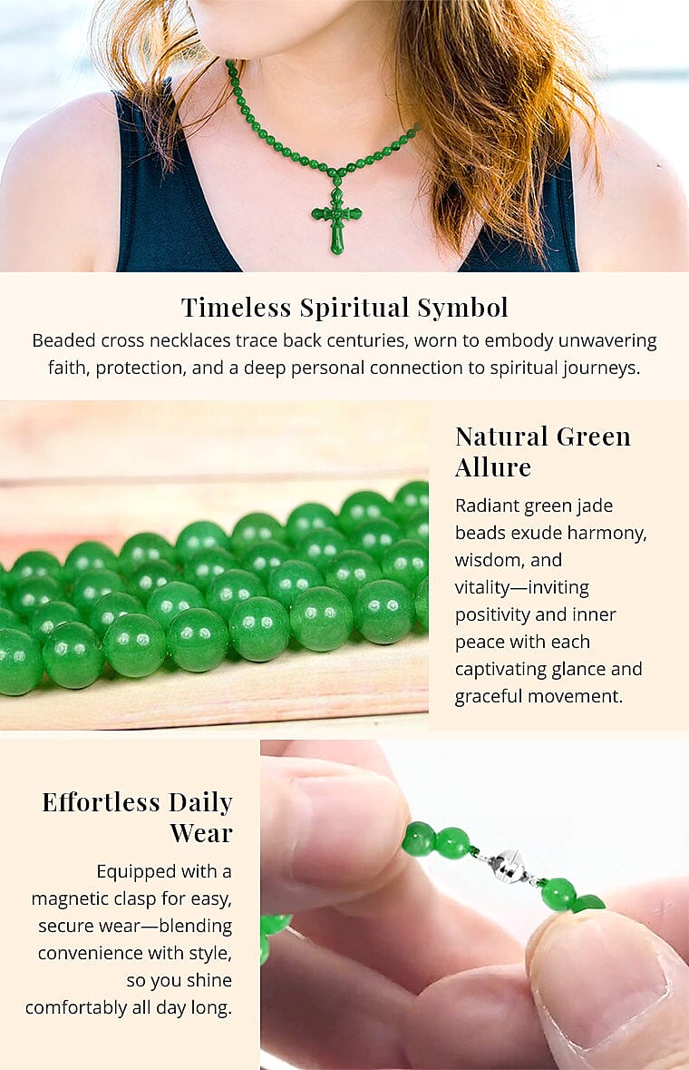 Green Jade (D) 308.00 ctw Cross Carved Pendant with Beaded Necklace Banner