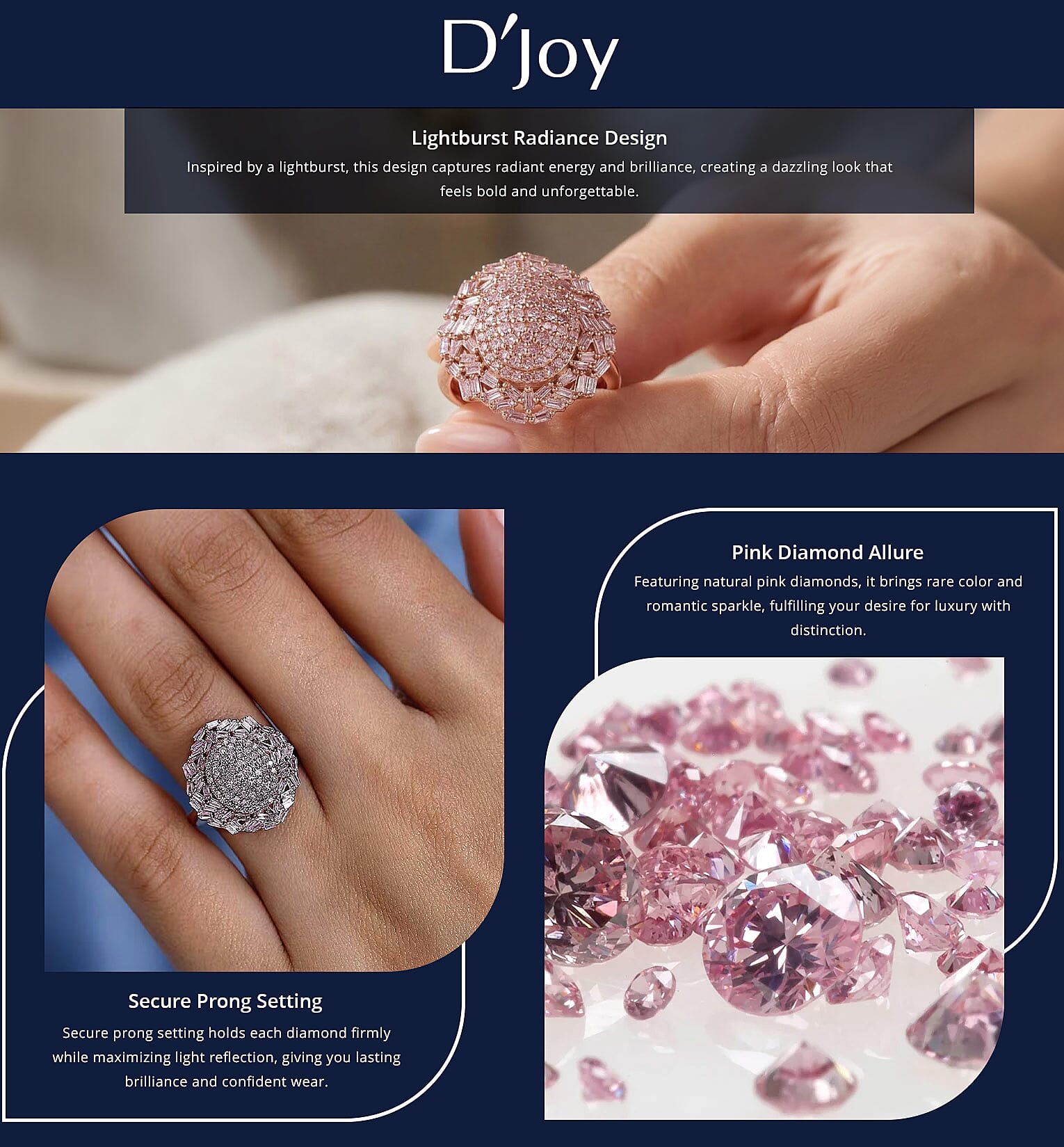 D'Joy Natural Pink Diamond I3 1.00 ctw Lightburst Ring in 18K Vermeil Rose Gold Over Sterling Silver Banner