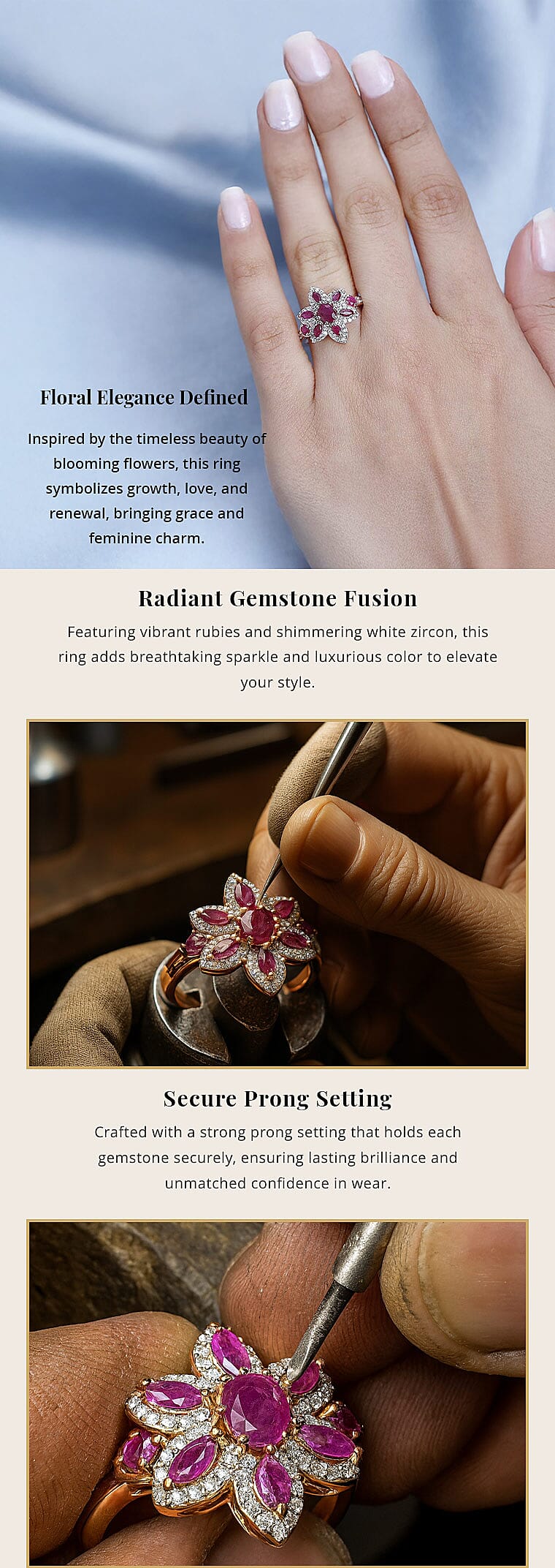 Montepuez Ruby and White Zircon 1.85 ctw Floral Ring in Vermeil Rose Gold Over Sterling Silver Banner