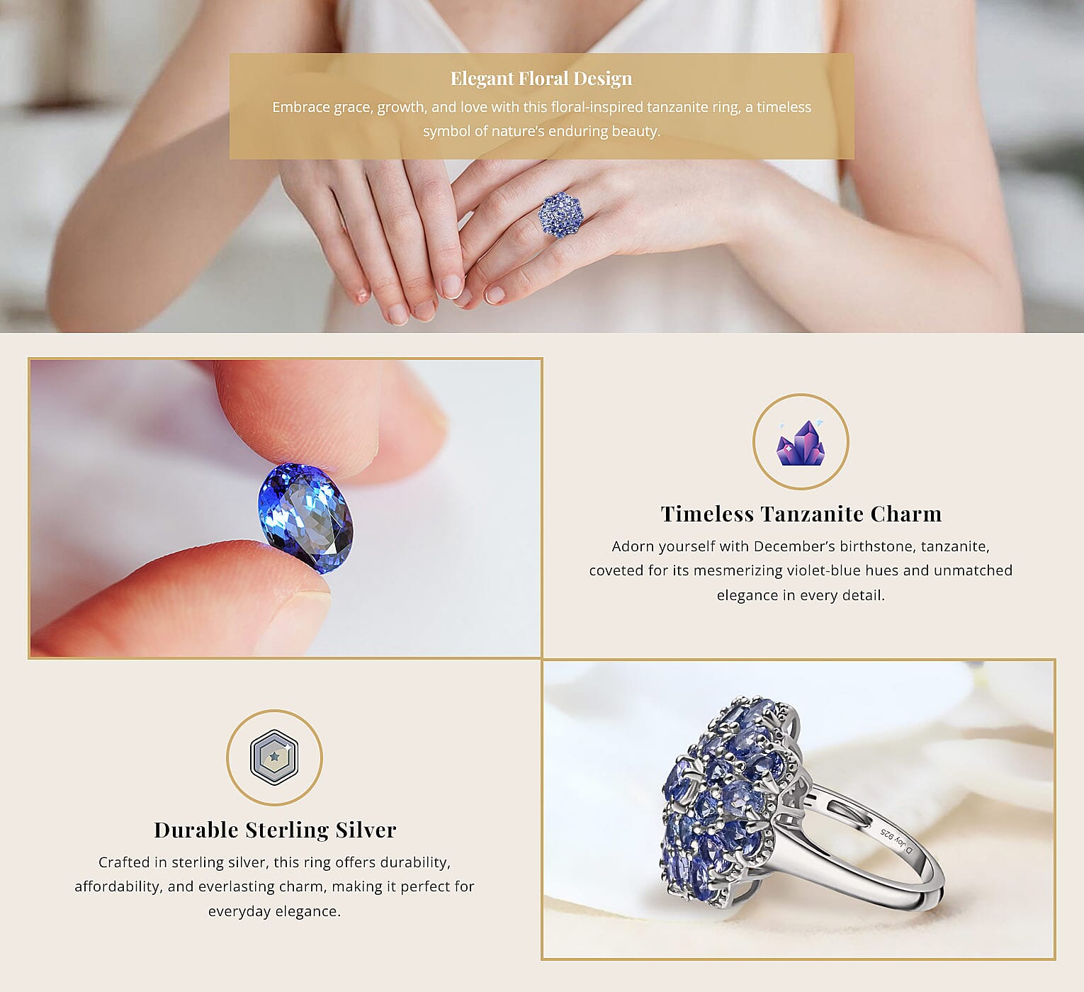 Tanzanite Floral Ring in Platinum Over Sterling Silver Banner