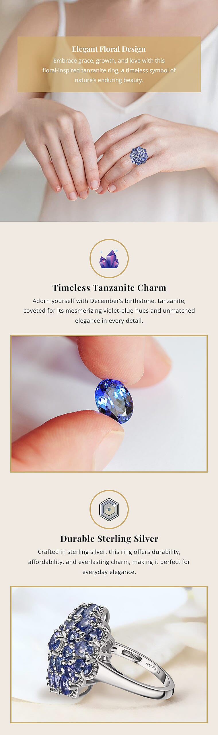 Tanzanite Floral Ring in Platinum Over Sterling Silver Banner