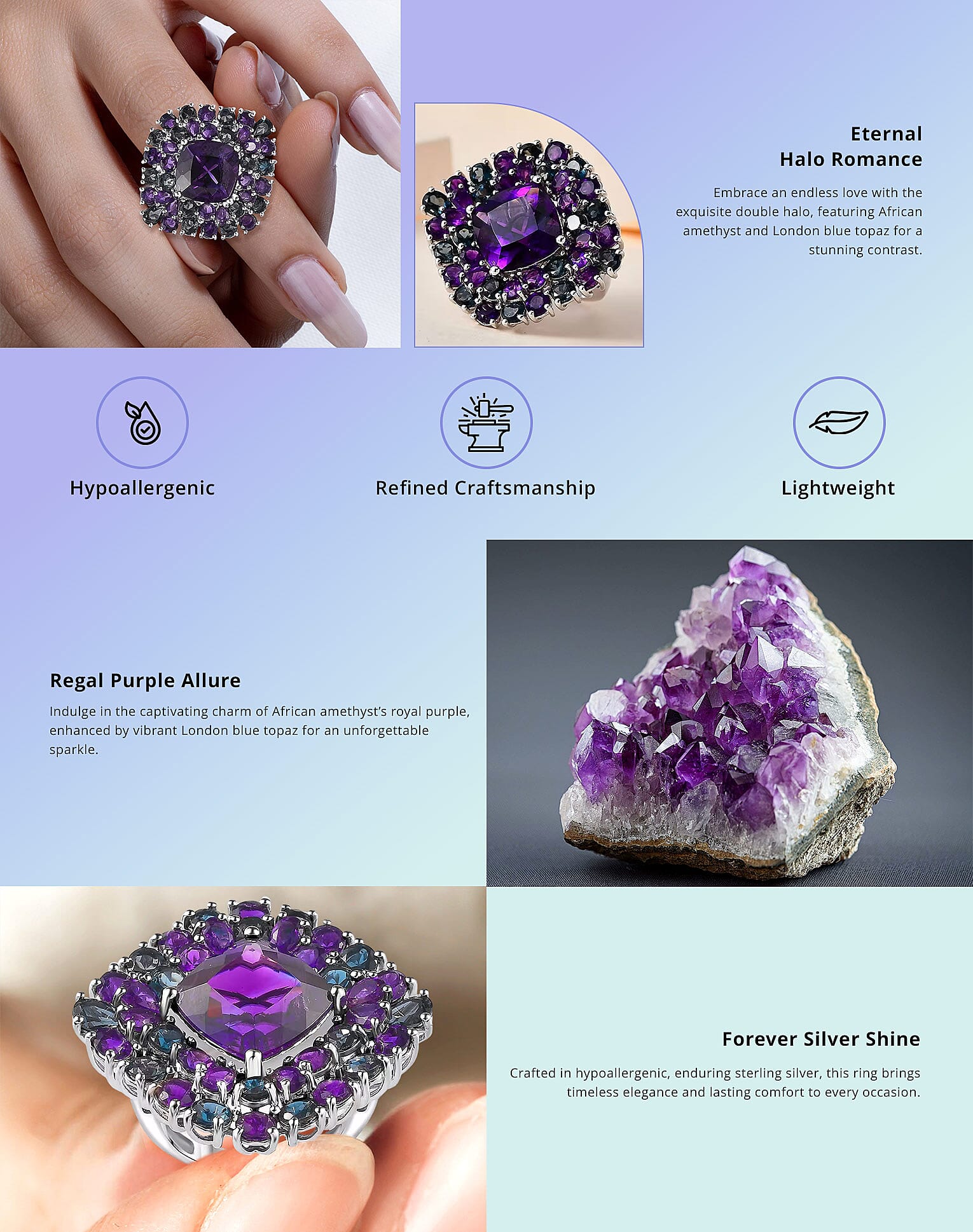 African Amethyst and London Blue Topaz 21.30 ctw Double Halo Ring in Platinum Over Sterling Silver Banner