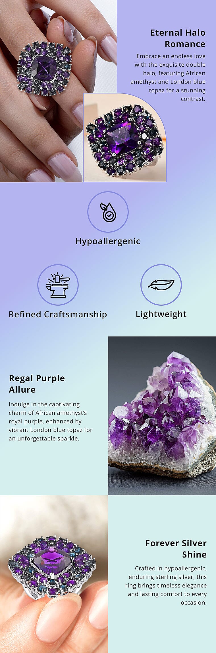 African Amethyst and London Blue Topaz 21.30 ctw Double Halo Ring in Platinum Over Sterling Silver Banner