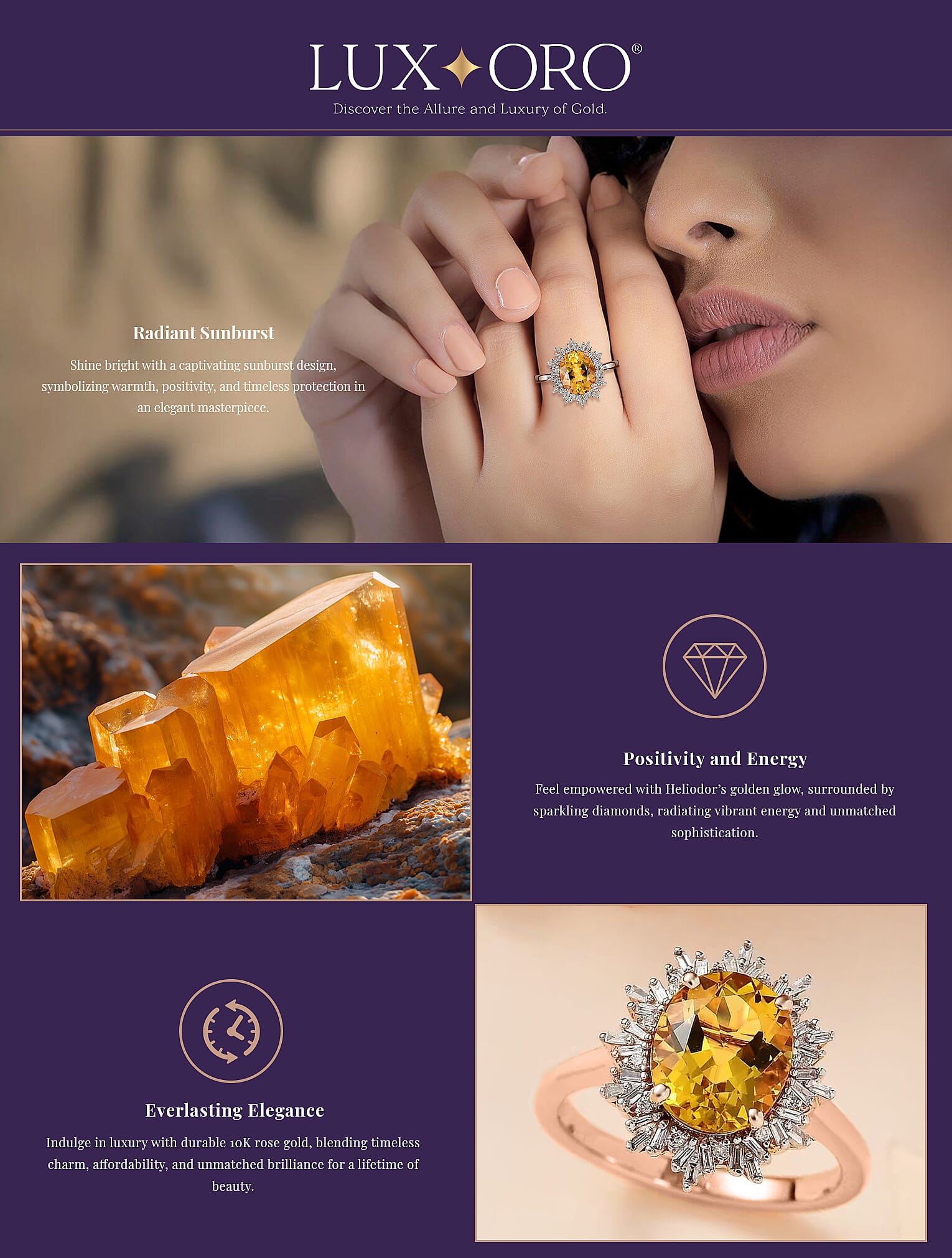 Luxoro 10K Rose Gold Premium Brazilian Heliodor and G-H I2 Diamond Sunburst Ring Banner